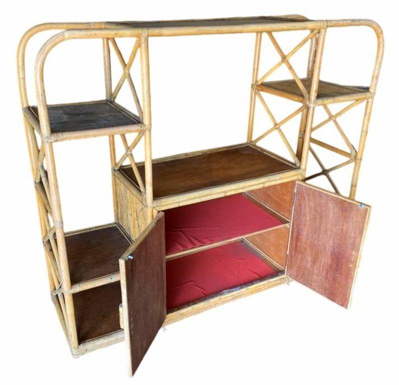 Mid-20th Century Restored Rattan Seven-Tier Display Shelf Wall Etagere Unit w/ Cabinet For Sale