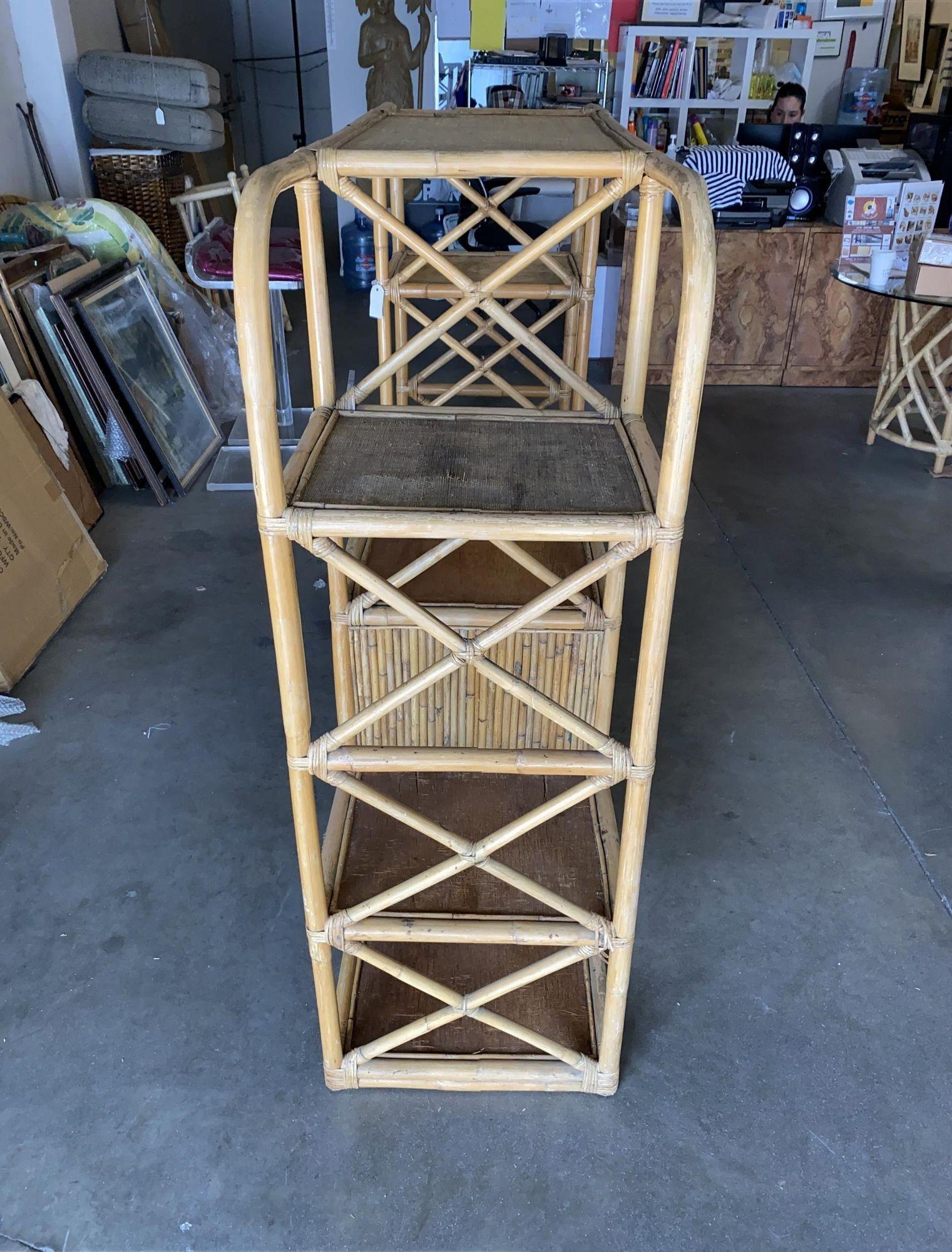 Restored Rattan Seven-Tier Display Shelf Wall Etagere Unit with Cabinet For Sale 1