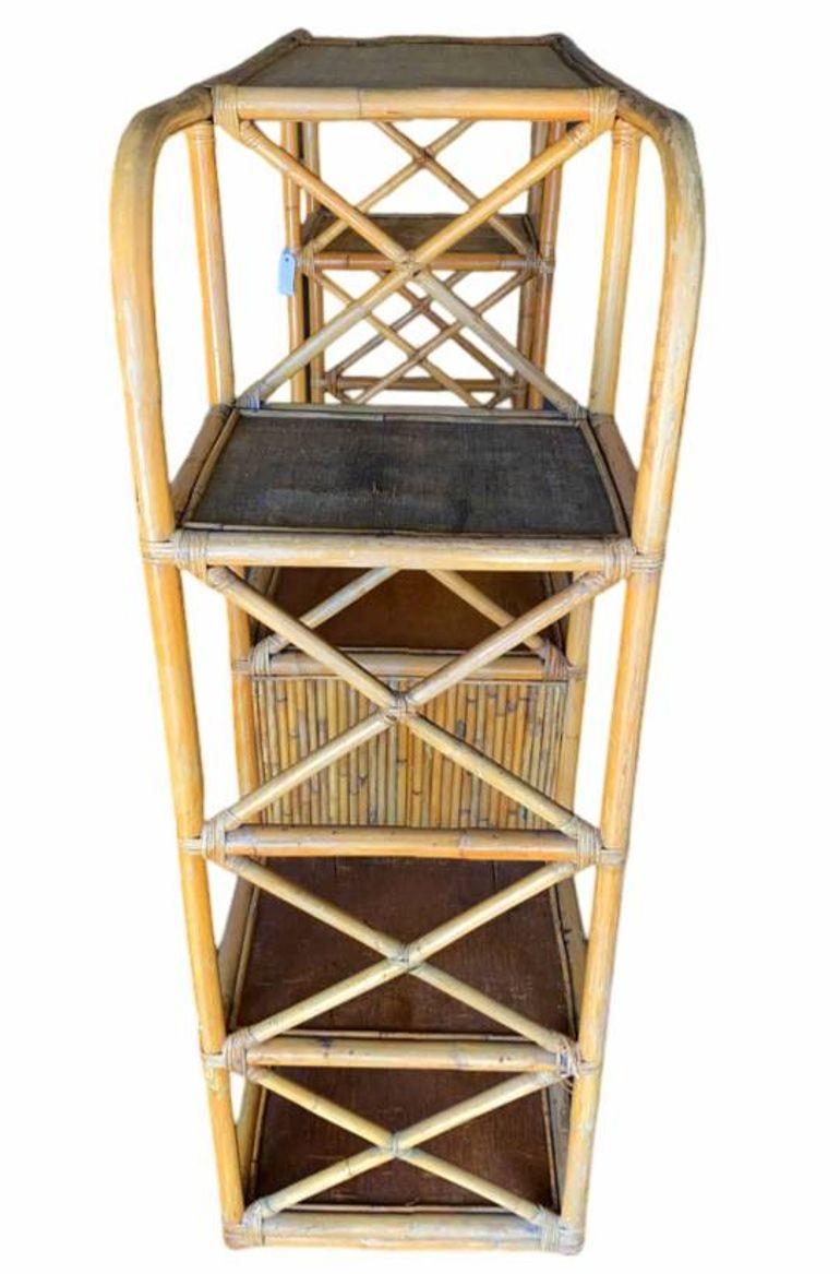Restored Rattan Seven-Tier Display Shelf Wall Etagere Unit w/ Cabinet For Sale 2