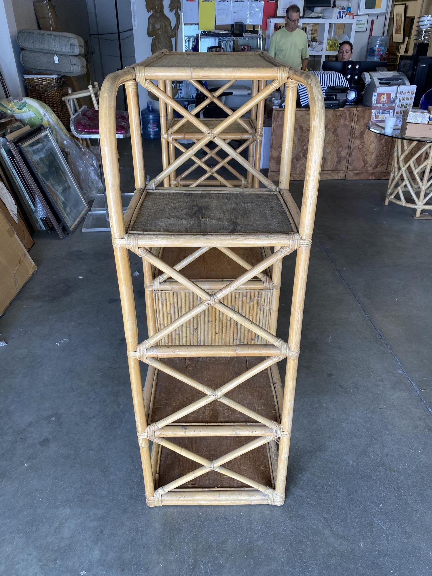 Restored Rattan Seven-Tier Display Shelf Wall Etagere Unit with Cabinet For Sale 2