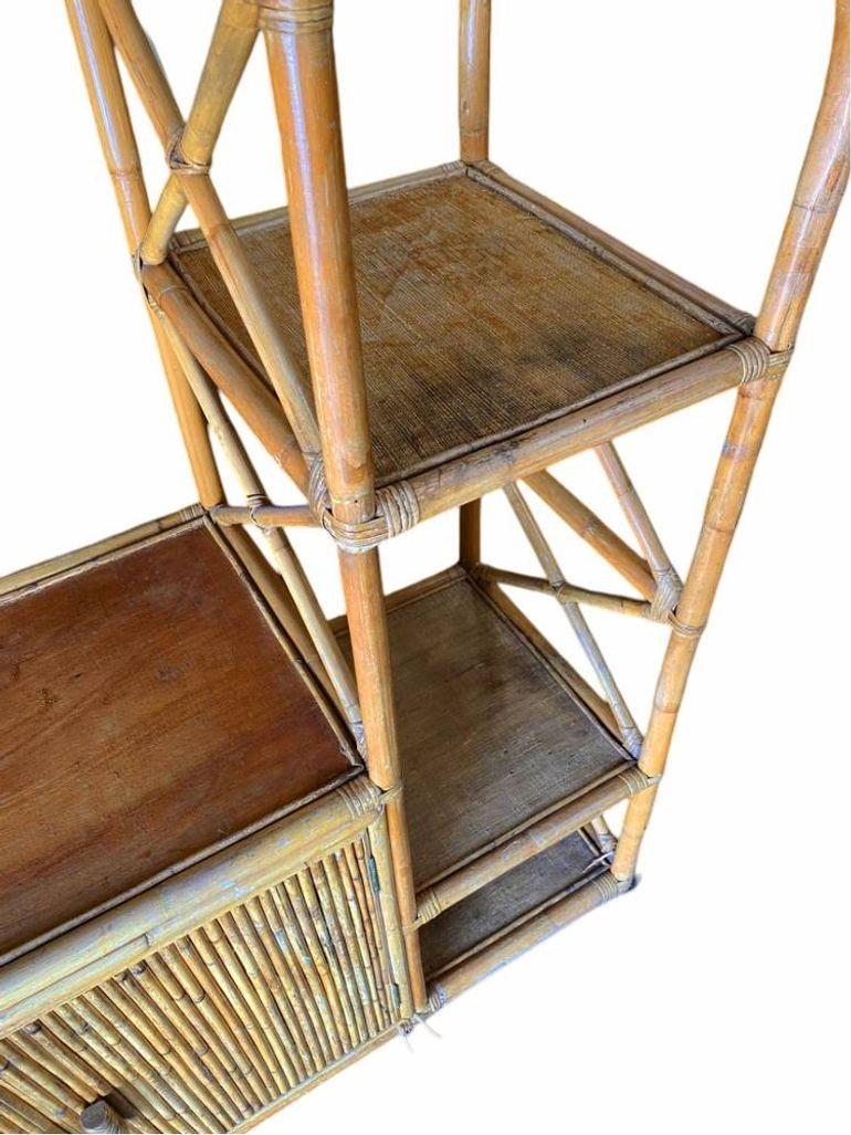 Restored Rattan Seven-Tier Display Shelf Wall Etagere Unit w/ Cabinet For Sale 3