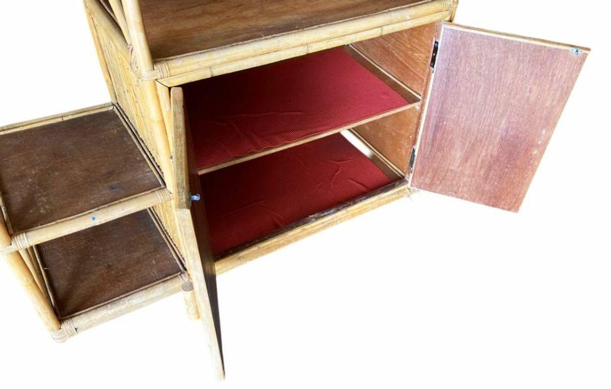 Restored Rattan Seven-Tier Display Shelf Wall Etagere Unit w/ Cabinet For Sale 4