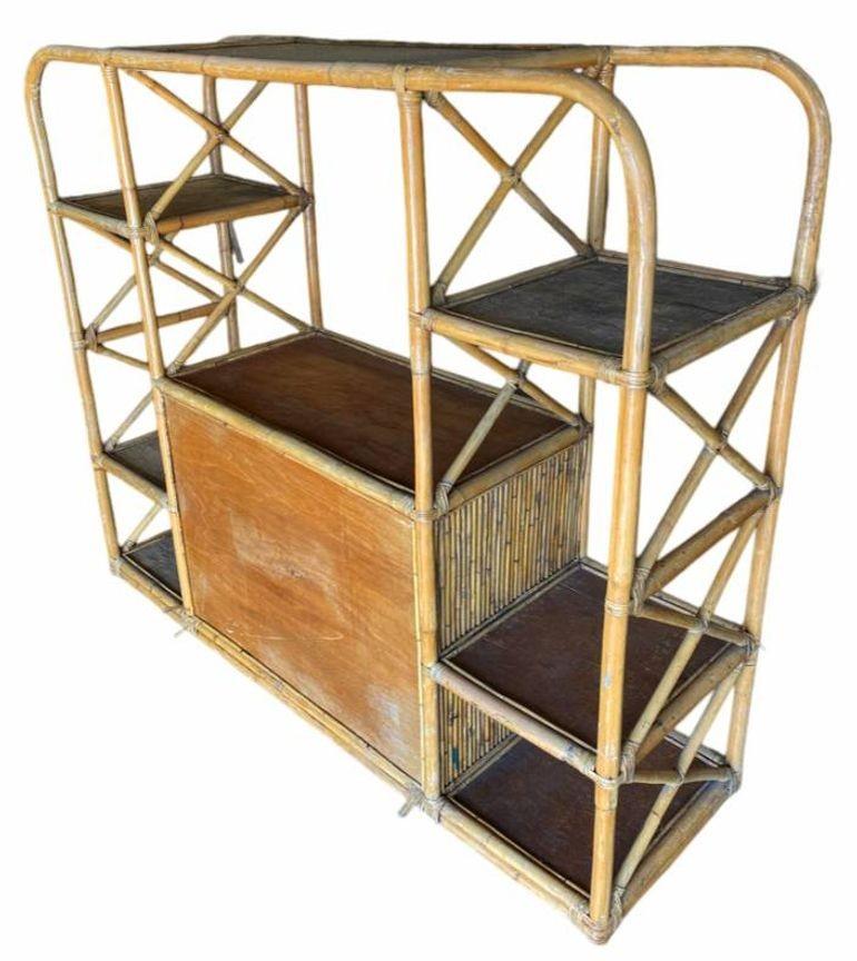 Restored Rattan Seven-Tier Display Shelf Wall Etagere Unit w/ Cabinet For Sale 5