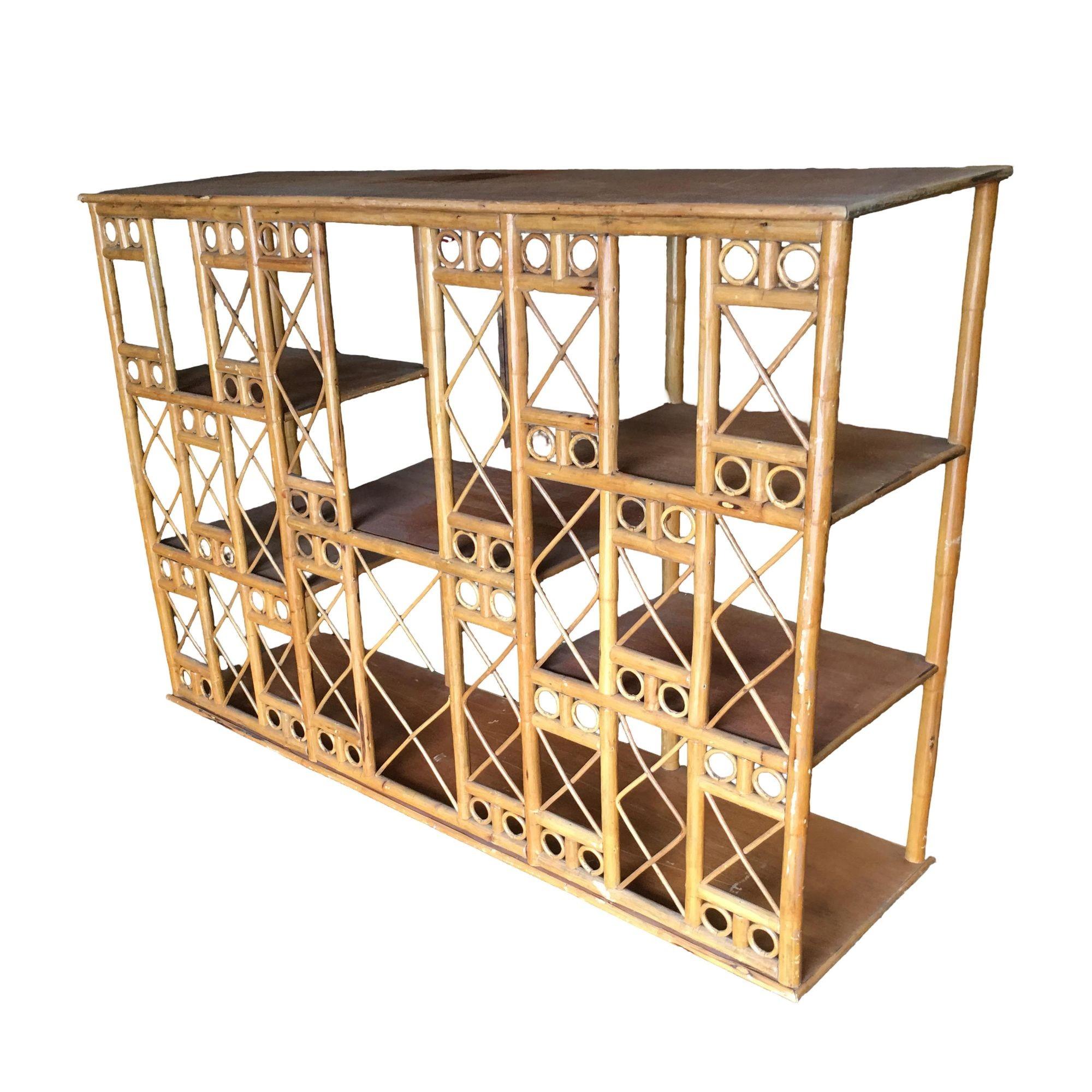 American Restored Rattan Seven-Tier Tic-Tac-Toe Display Shelf Wall Etagere Unit For Sale