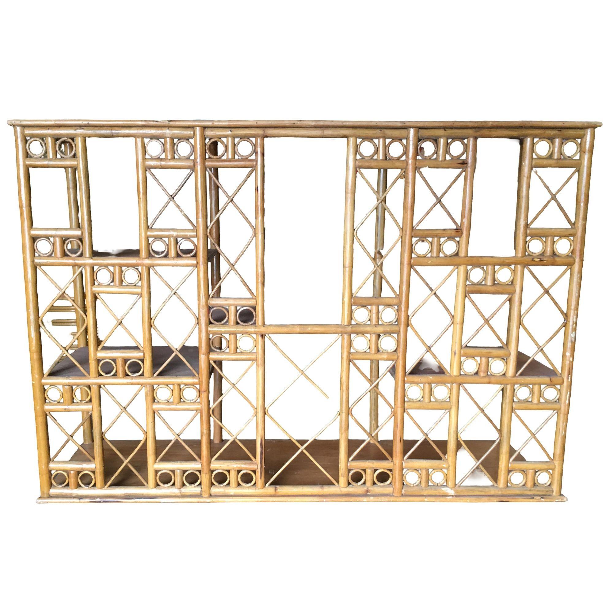 Restored Rattan Seven-Tier Tic-Tac-Toe Display Shelf Wall Etagere Unit In Excellent Condition For Sale In Van Nuys, CA