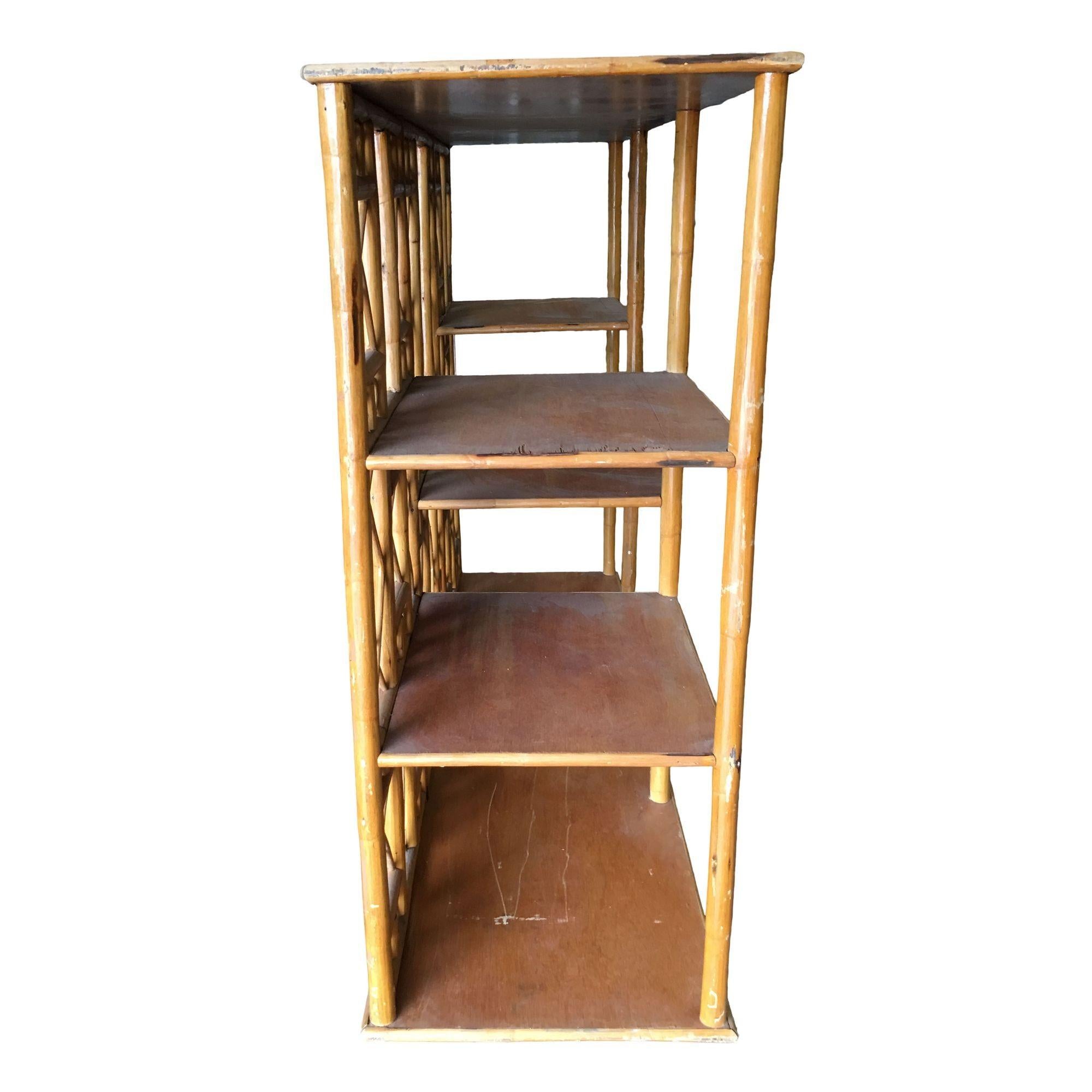 Mid-20th Century Restored Rattan Seven-Tier Tic-Tac-Toe Display Shelf Wall Etagere Unit For Sale