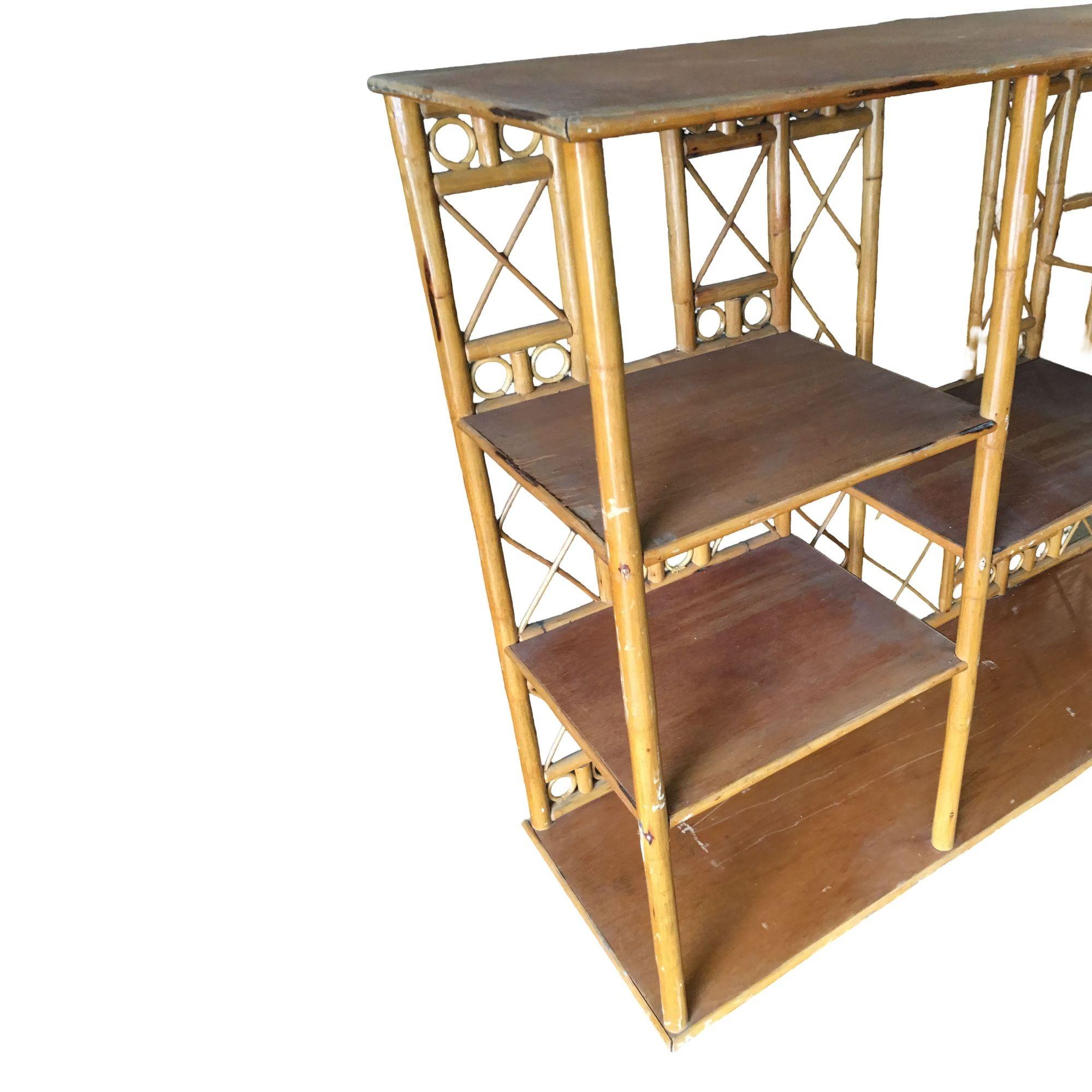 Restored Rattan Seven-Tier Tic-Tac-Toe Display Shelf Wall Etagere Unit For Sale 1