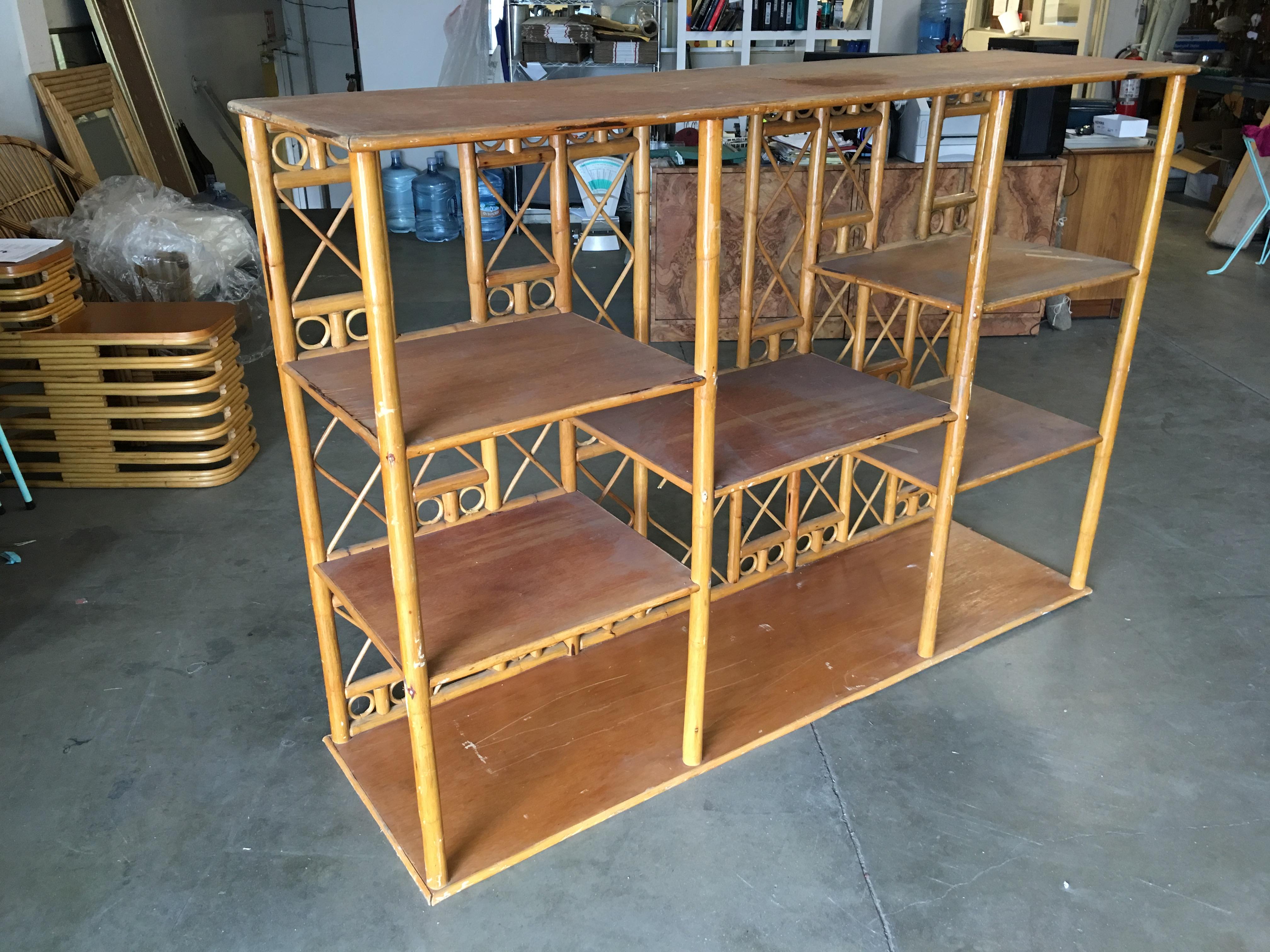Restored Rattan Seven-Tier Tic-Tac-Toe Display Shelf Wall Etagere Unit In Excellent Condition In Van Nuys, CA