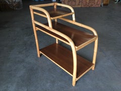 Restored Rattan Side Lamp Table with Three-Tier Mahogany Tops