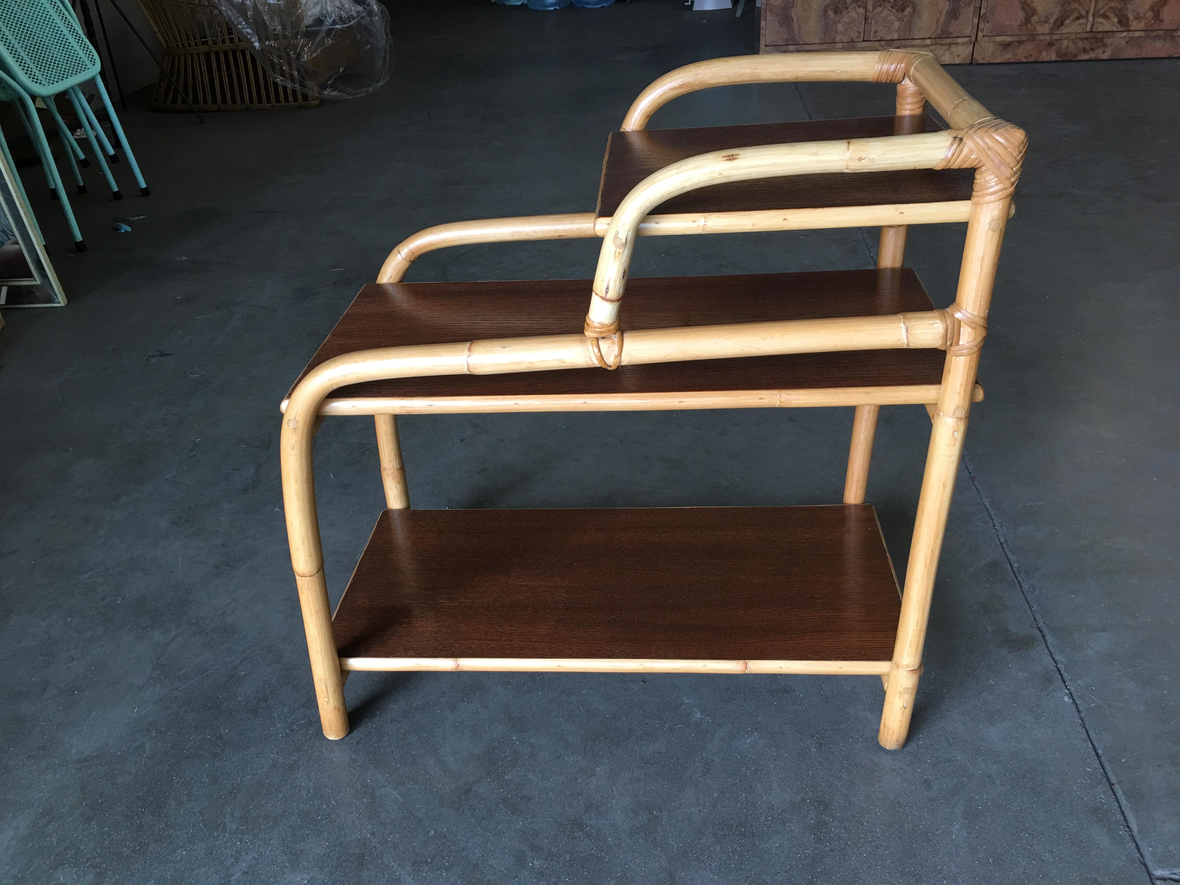 Mid-Century Modern Restored Rattan Side Lamp Table with Three-Tier Mahogany Tops For Sale