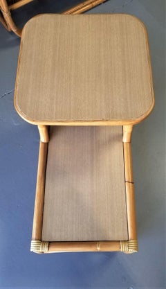 Restored Rattan Side Table 2-Tier w/ Formica Top, Set of 2