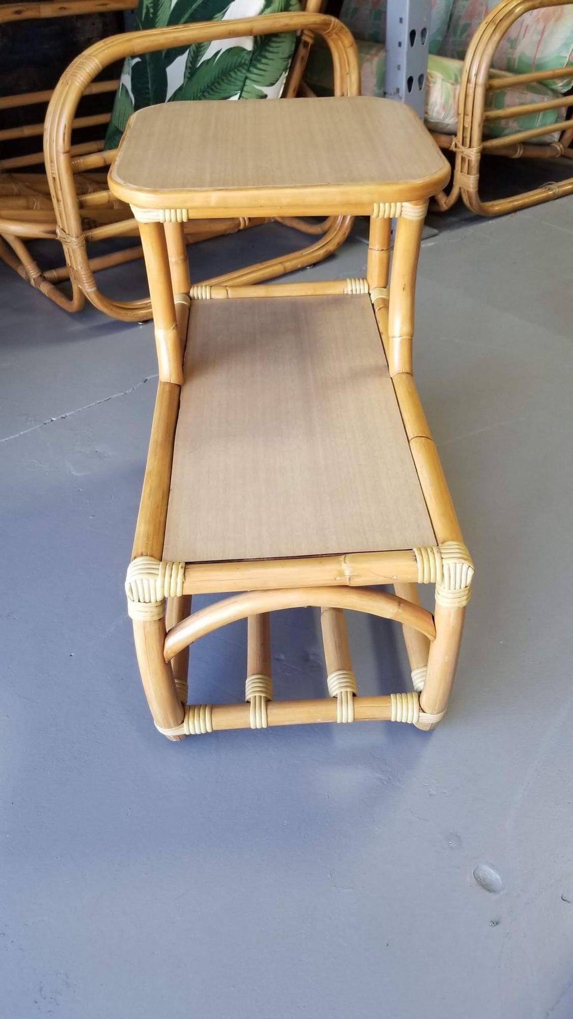 Restored Rattan Side Table 2-Tier w/ Formica Top, Set of 2 In Excellent Condition For Sale In Van Nuys, CA