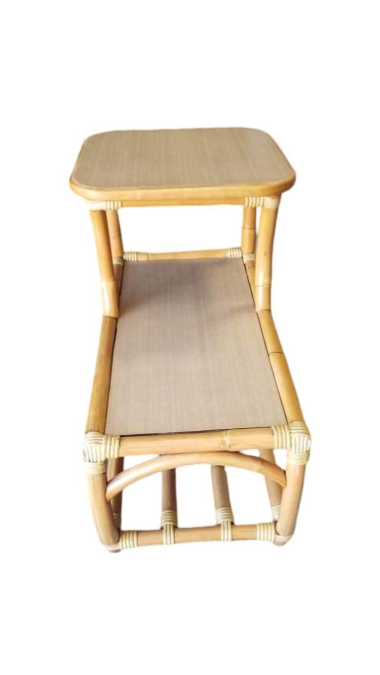 Mid-Century Modern Restored Rattan Side Table 2-Tier w/ Formica Top - Set of 2 For Sale