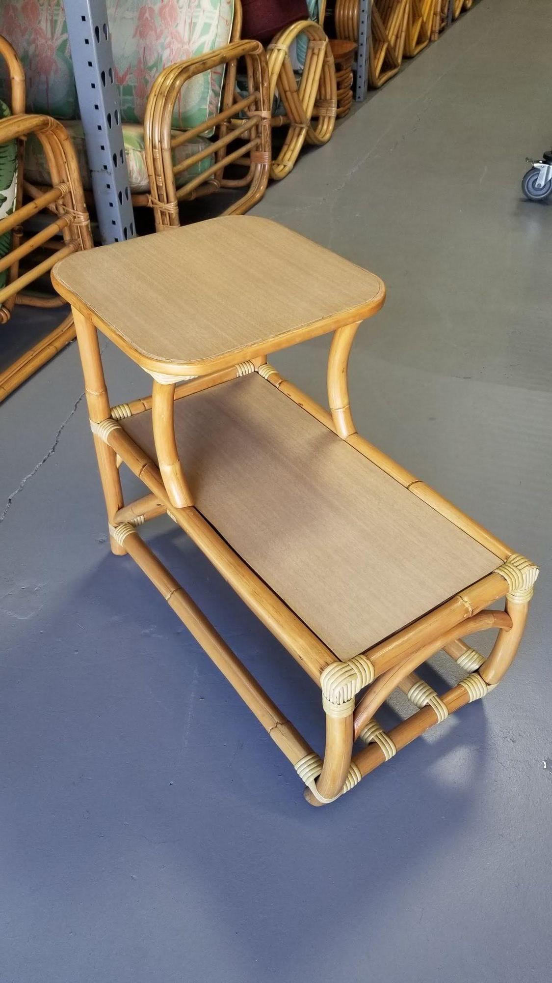 20th Century Restored Rattan Side Table 2-Tier w/ Formica Top, Set of 2 For Sale
