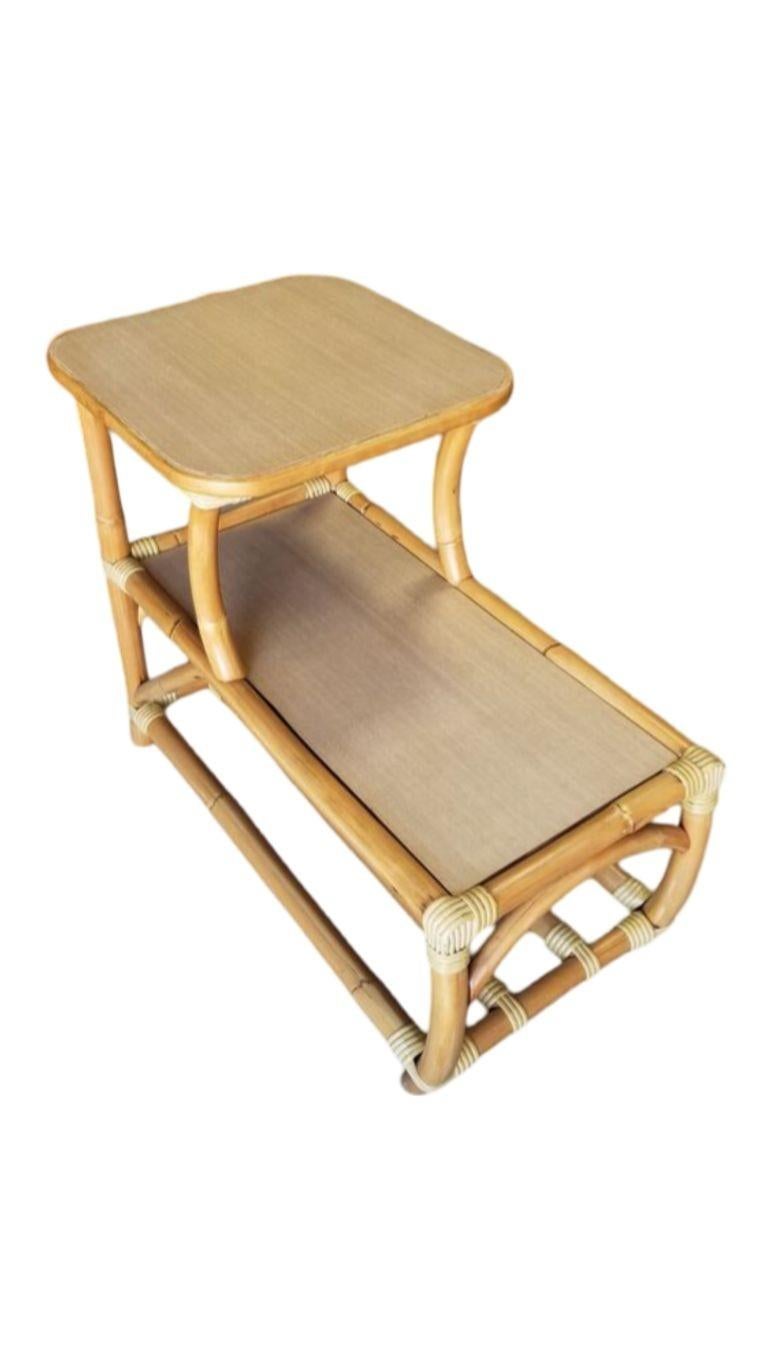 American Restored Rattan Side Table 2-Tier w/ Formica Top - Set of 2 For Sale