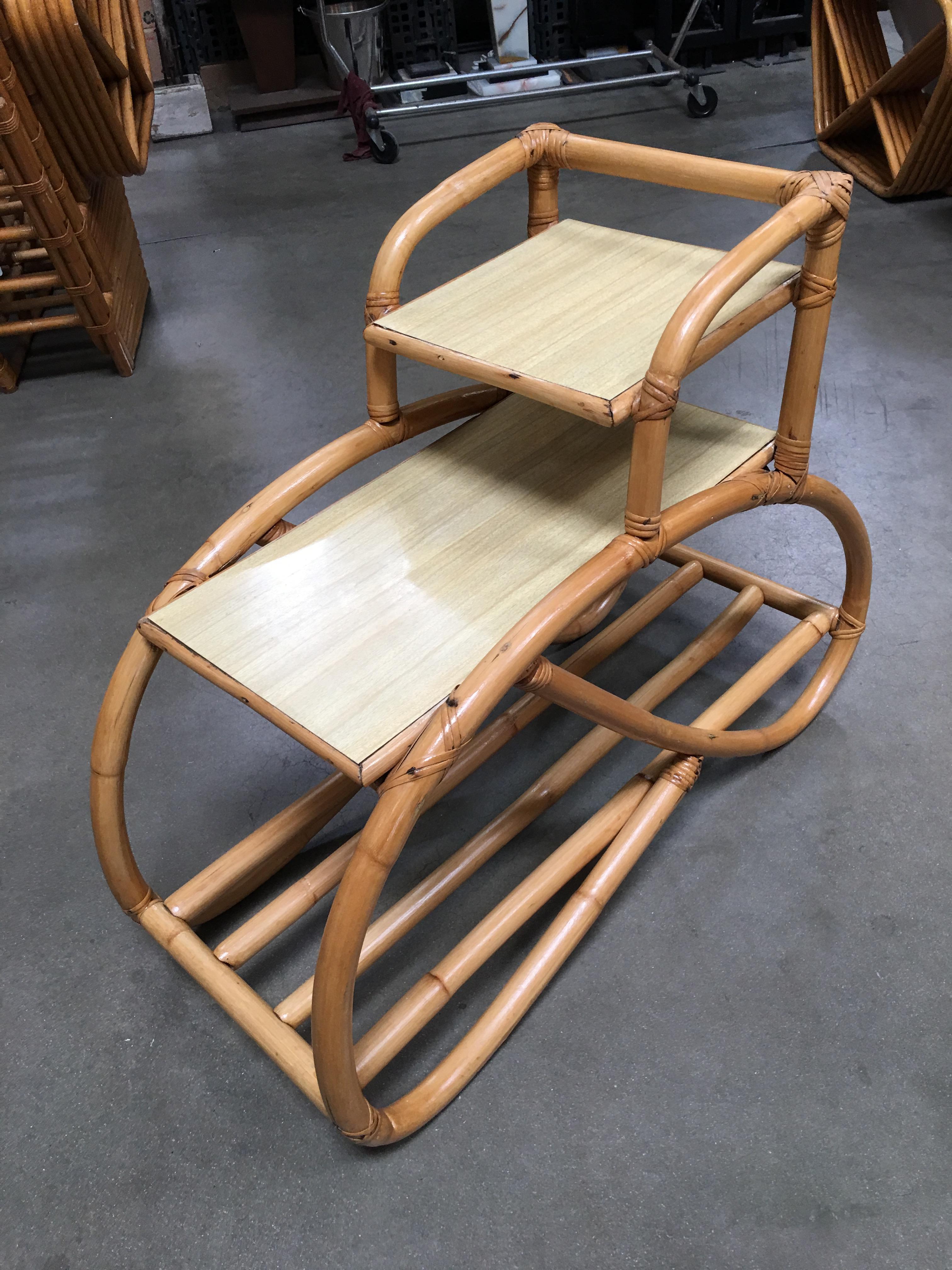 Restored Rattan Side Table with Three-Tier Blonde Formica Tops In Excellent Condition In Van Nuys, CA