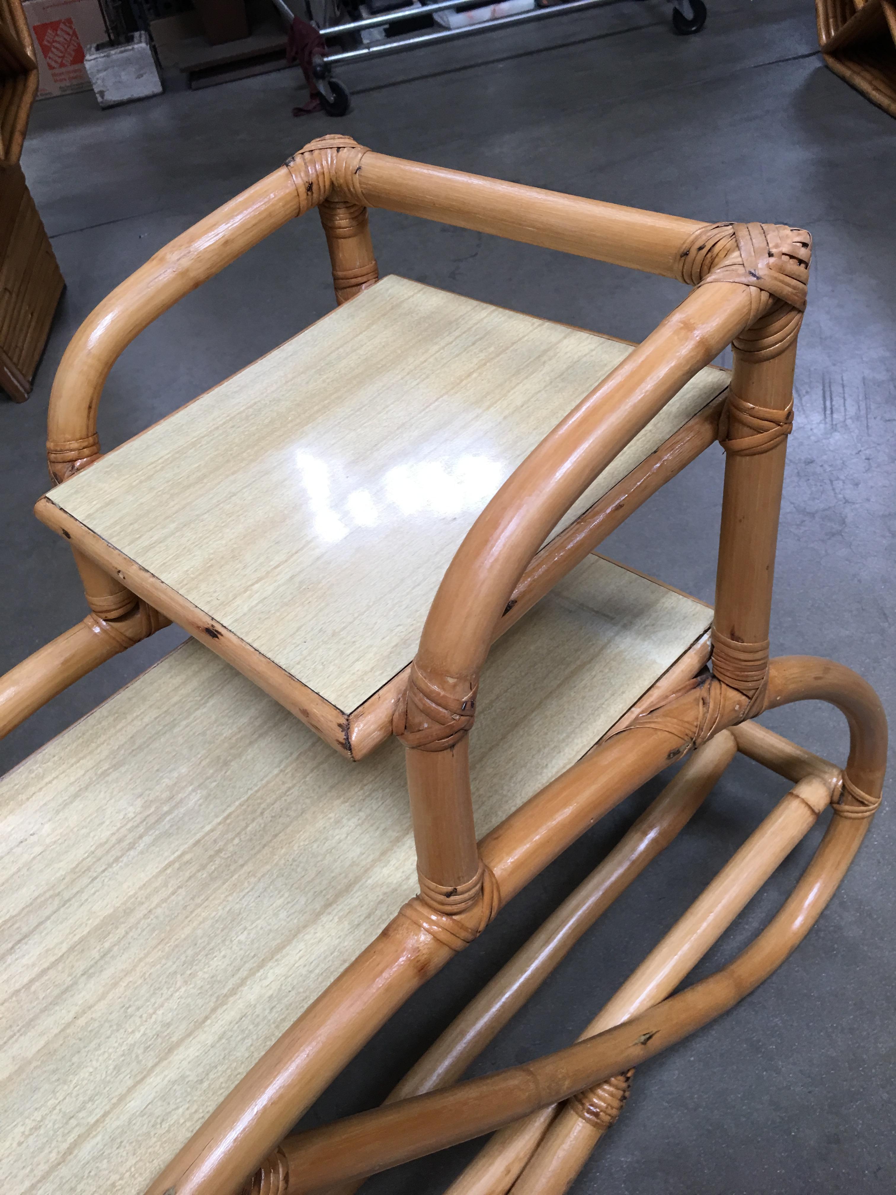 Restored Rattan Side Table with Three-Tier Blonde Formica Tops 2