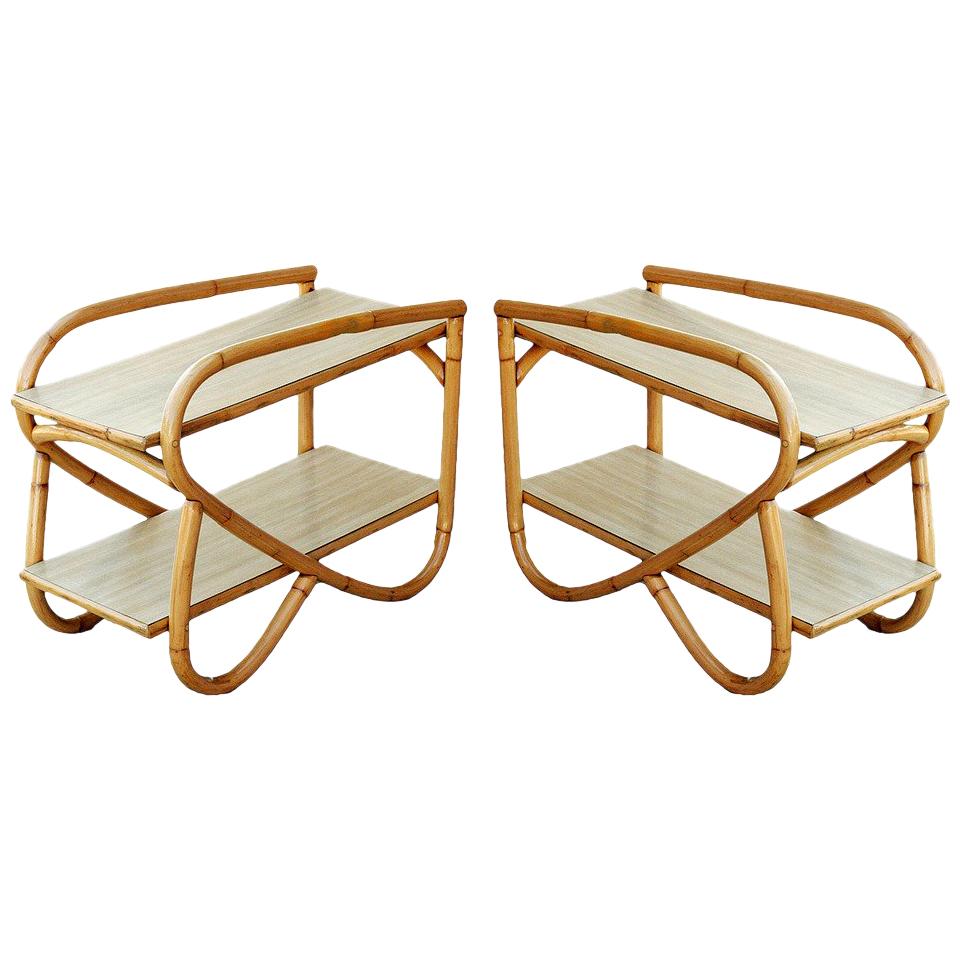 Tavolino in rattan restaurato con piani in formica a due livelli, coppia