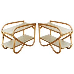 Restored Rattan Side Table with Two-Tier Formica Tops, Pair