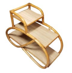 Restored Rattan Side Tables 3-Tier 3/4 Pretzel Arms w/ Formica Top -