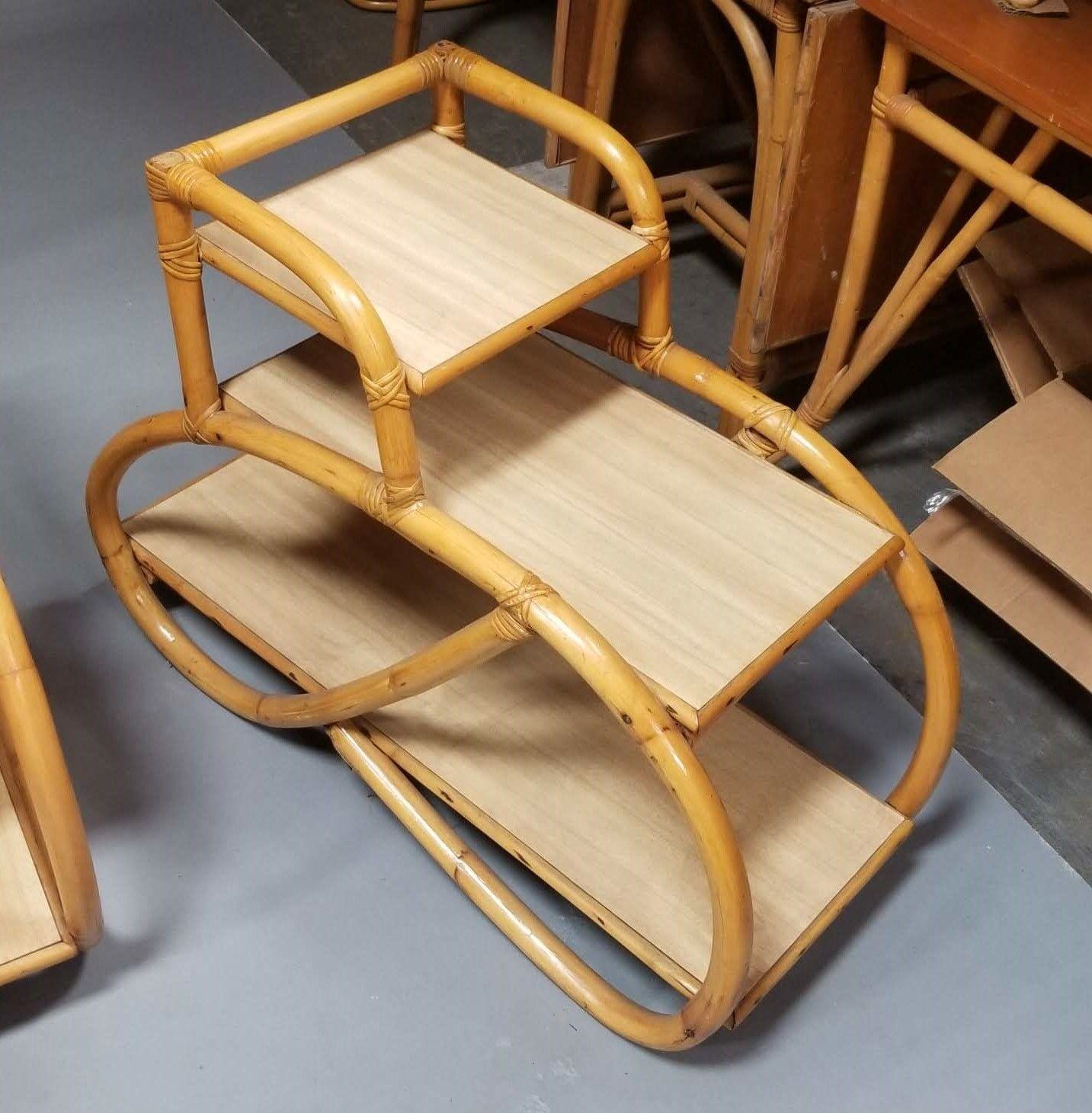 Restored Rattan Side Tables 3-Tier 3/4 Pretzel Arms w/ Formica Top In Excellent Condition For Sale In Van Nuys, CA