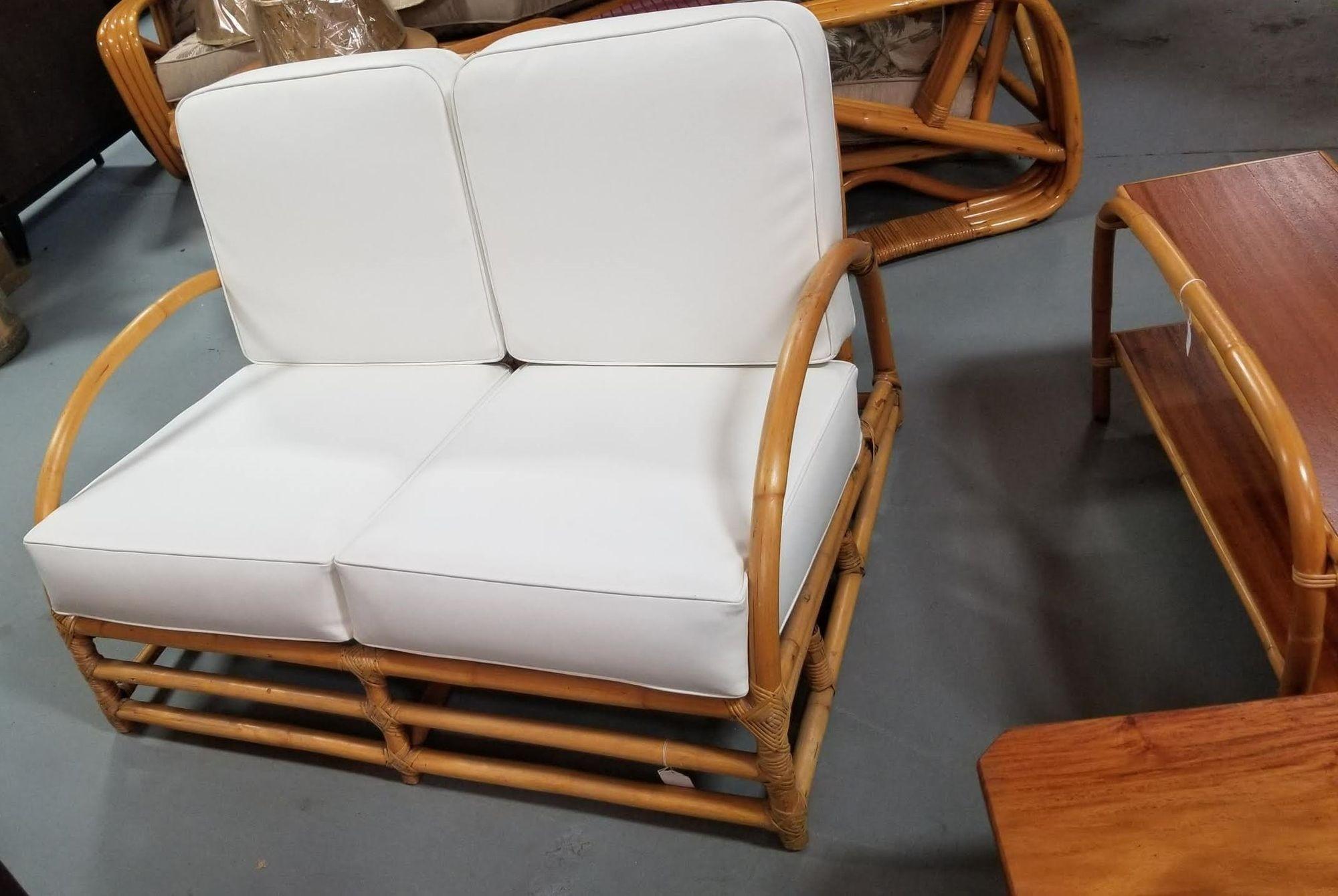 Restored Rattan Single Strand Half Moon Sofa & Lounge Chair Living Room Set For Sale 2