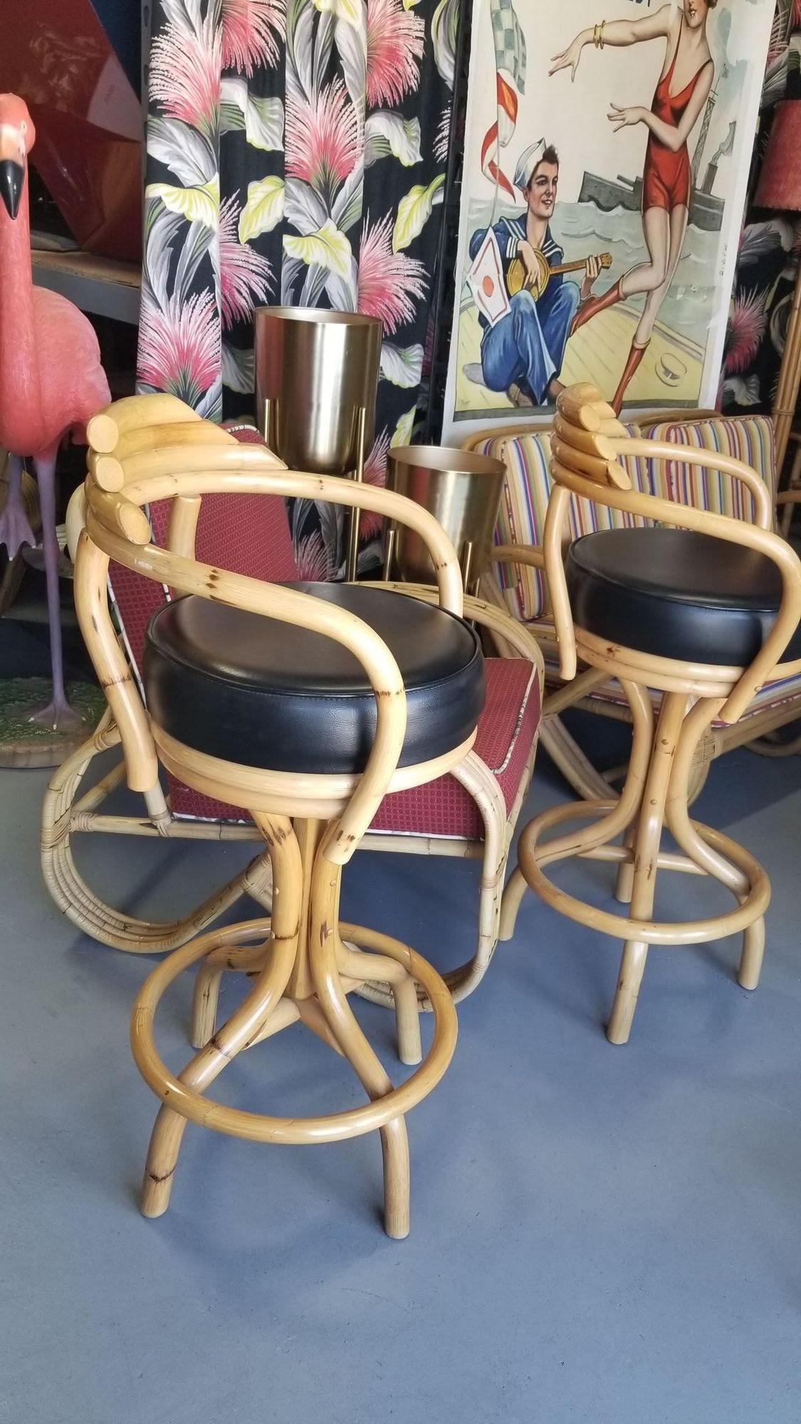 Restored Rattan Single Strand Set of Three Bar Stools In Excellent Condition For Sale In Van Nuys, CA