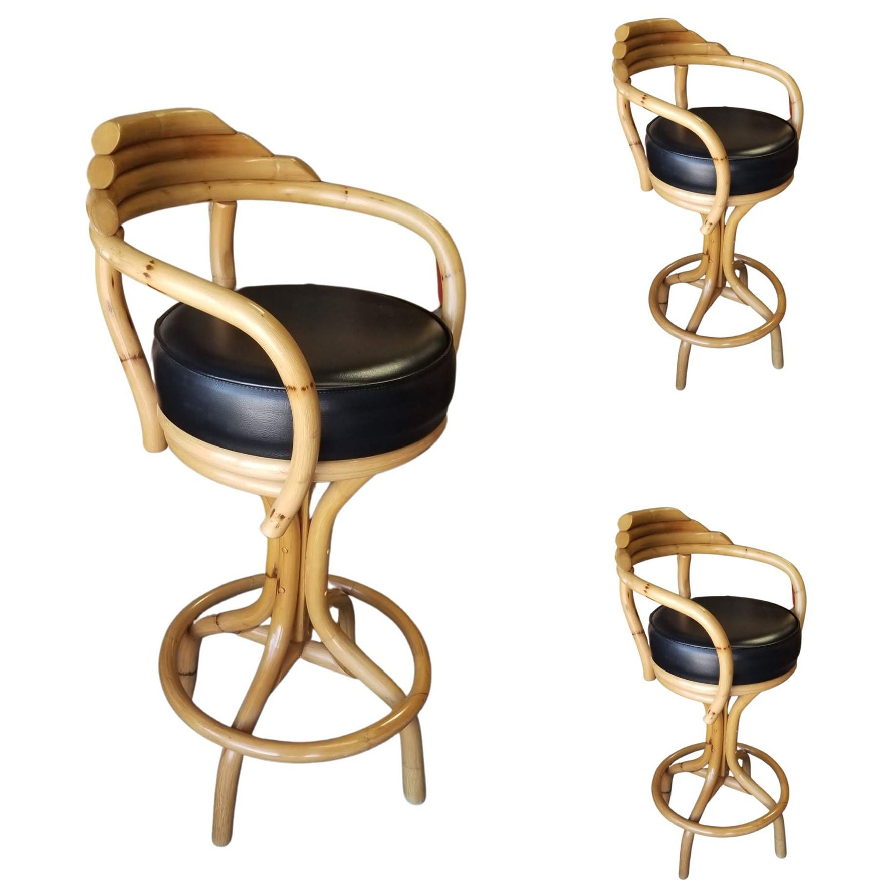 Restored Rattan Single Strand Set of Three Bar Stools