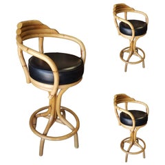 Restored Rattan Single Strand Set of Three Bar Stools