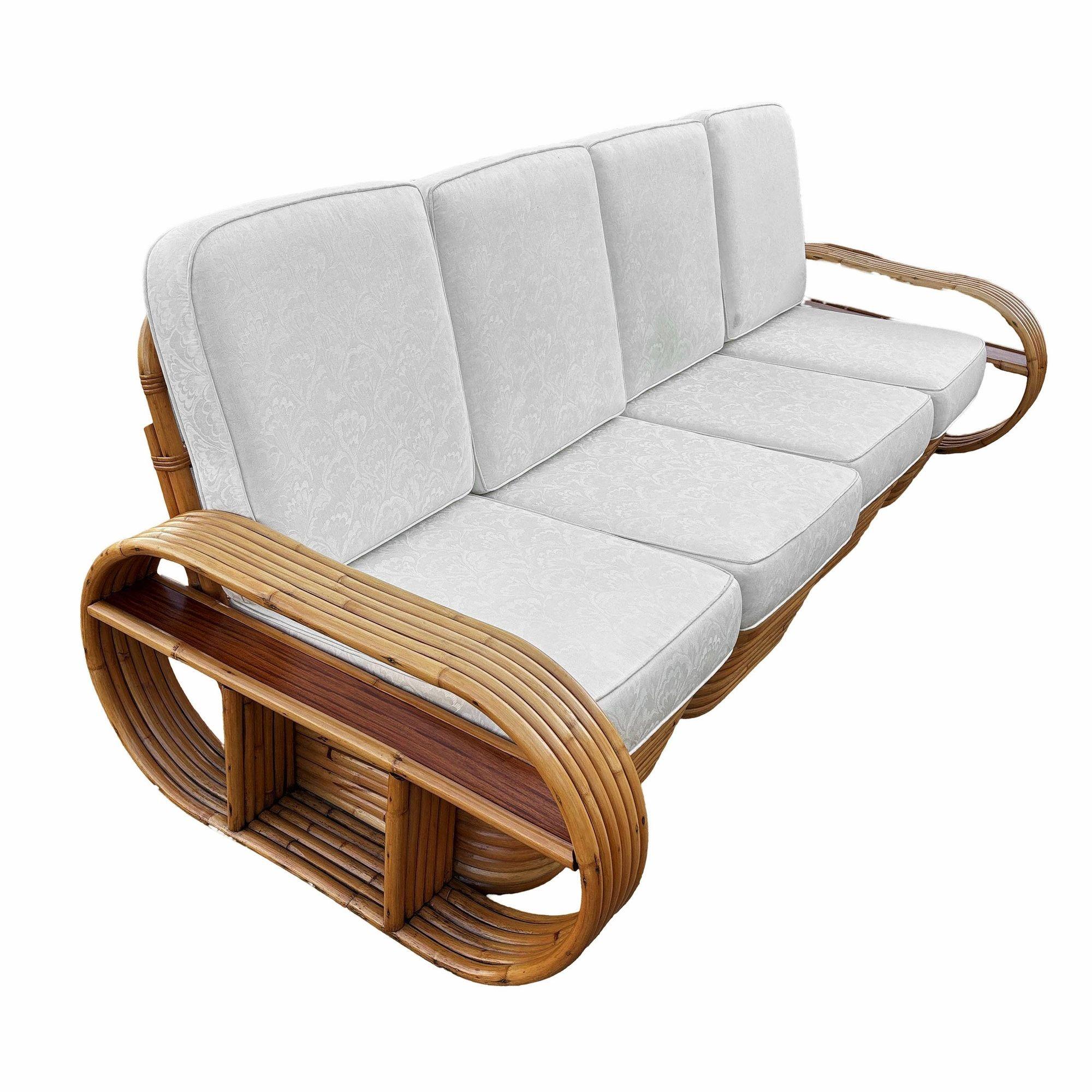 Mid-Century Modern Restored Rattan Six-Strand Shelf Arms Sofa and Chair Set For Sale
