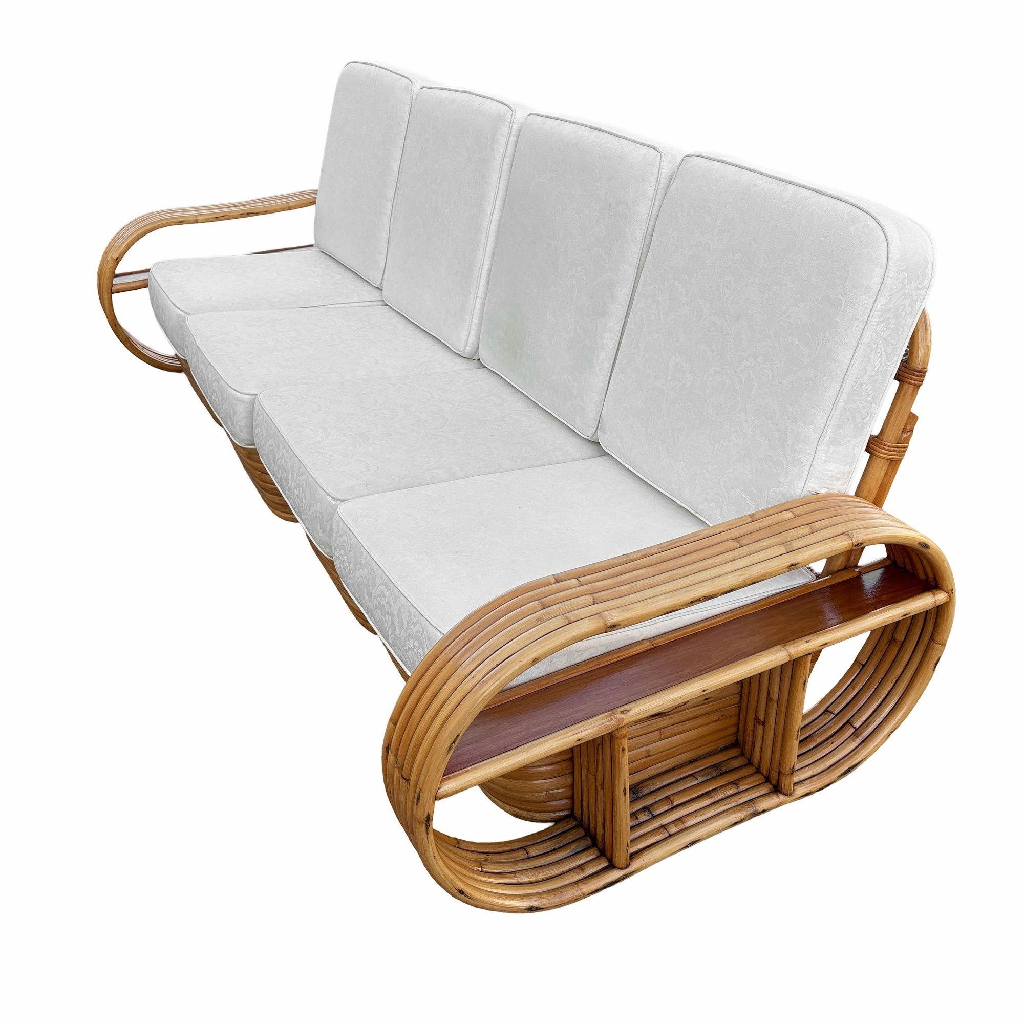 Restored Rattan Six-Strand Shelf Arms Sofa and Chair Set In Excellent Condition For Sale In Van Nuys, CA