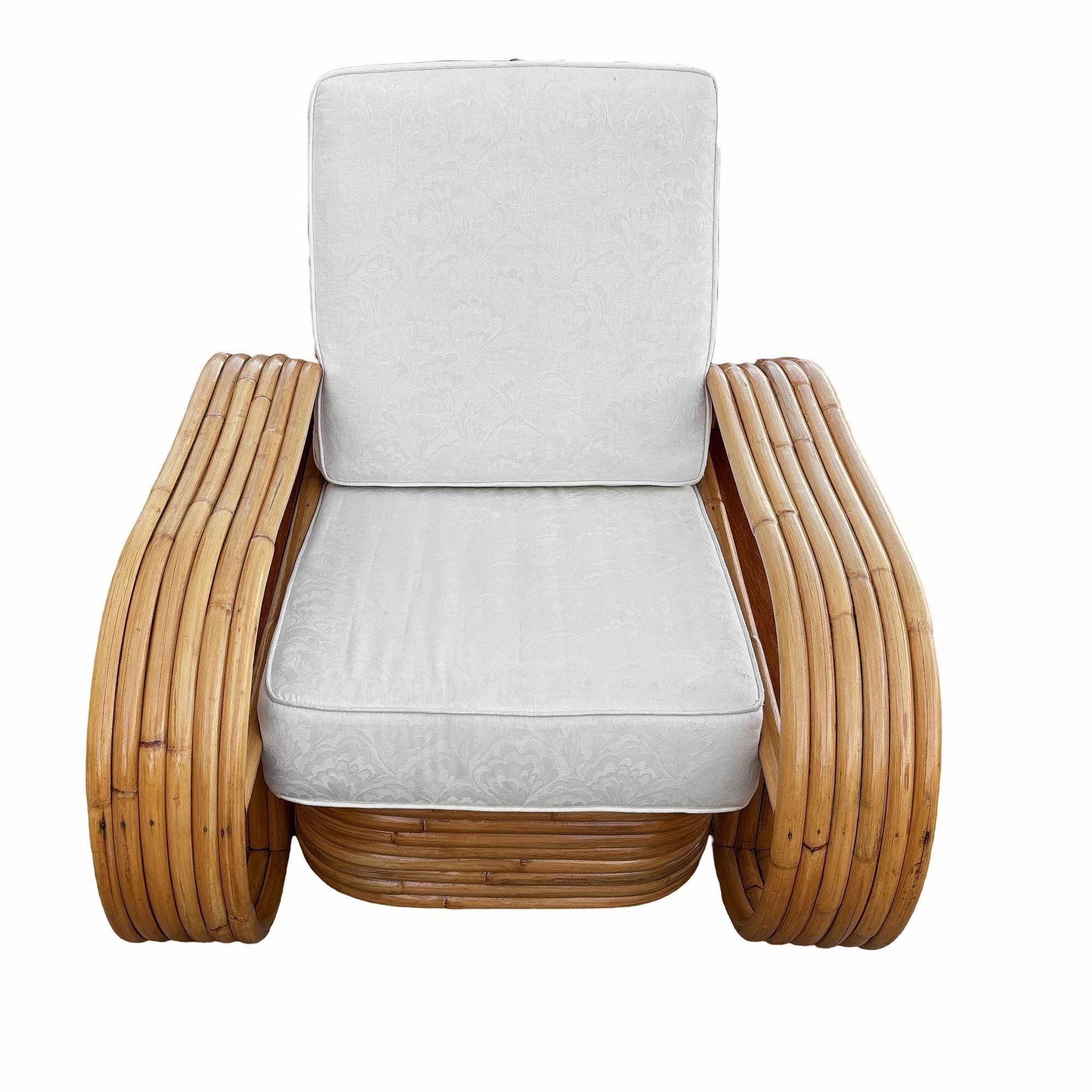 Fabric Restored Rattan Six-Strand Shelf Arms Sofa and Chair Set For Sale