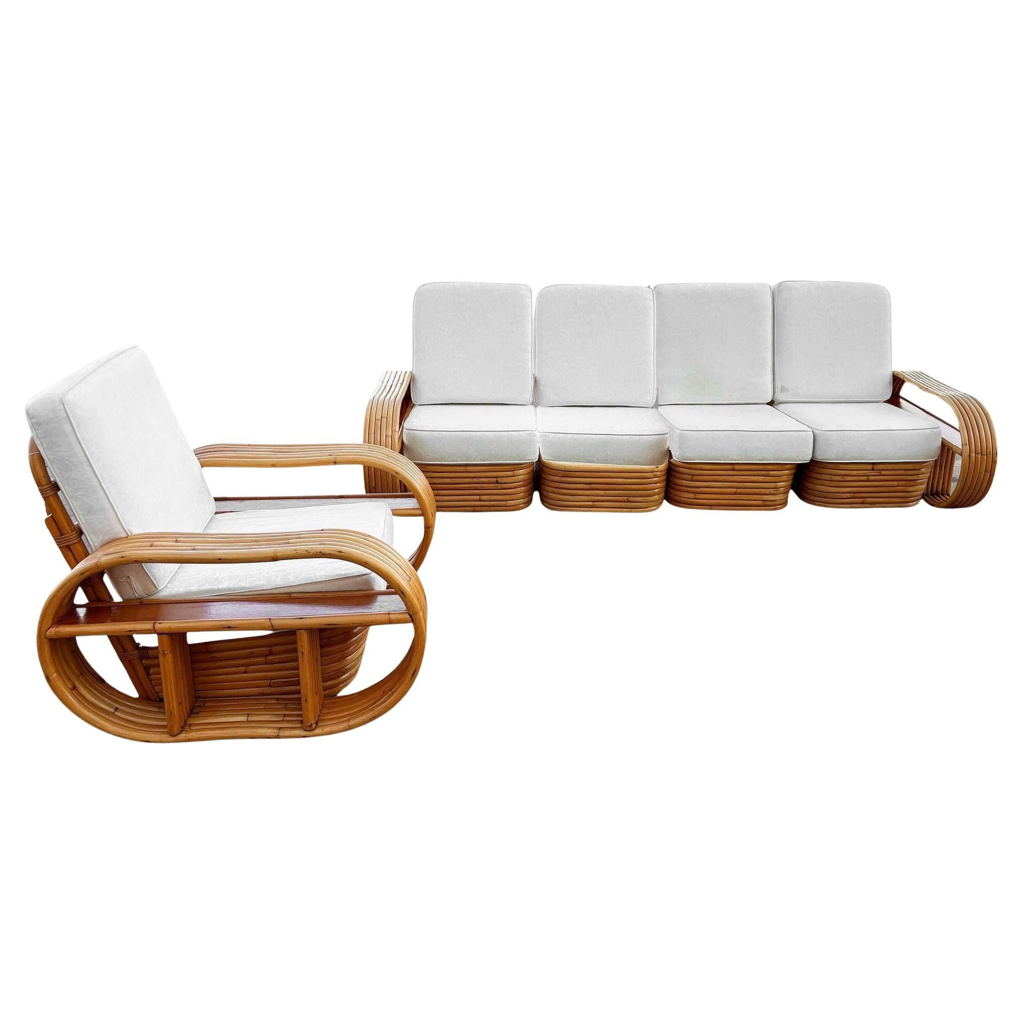 Restored Rattan Six-Strand Shelf Arms Sofa and Chair Set