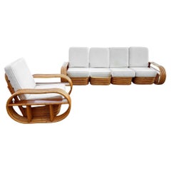 Restored Rattan Six-Strand Shelf Arms Sofa and Chair Set
