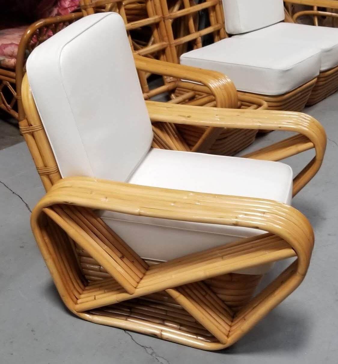 Rotin Ensemble canapé et chaises de salon en rotin restauré à six brins et bretzel carré en vente