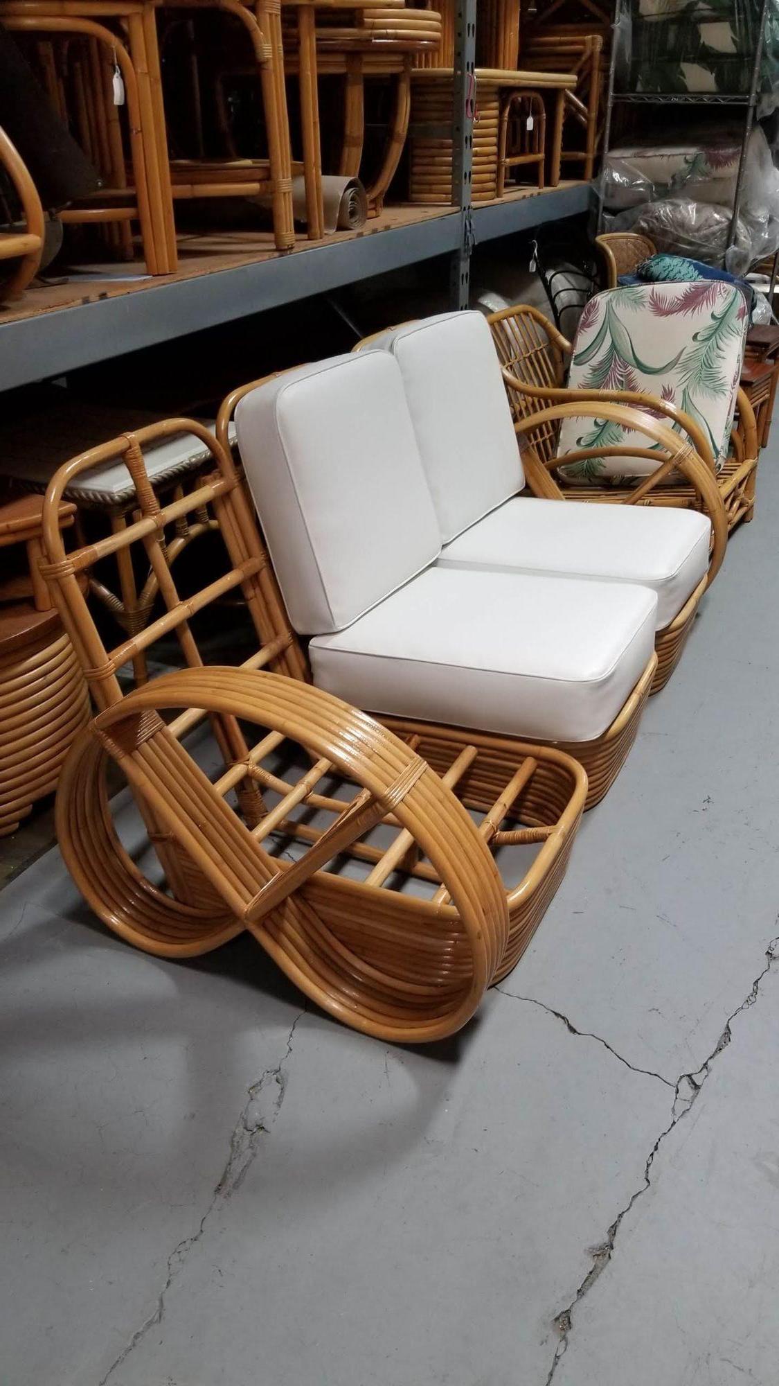 Restored Rattan Six-Strand Three Piece Full Pretzel Sofa w/ Stacked Base In Excellent Condition For Sale In Van Nuys, CA