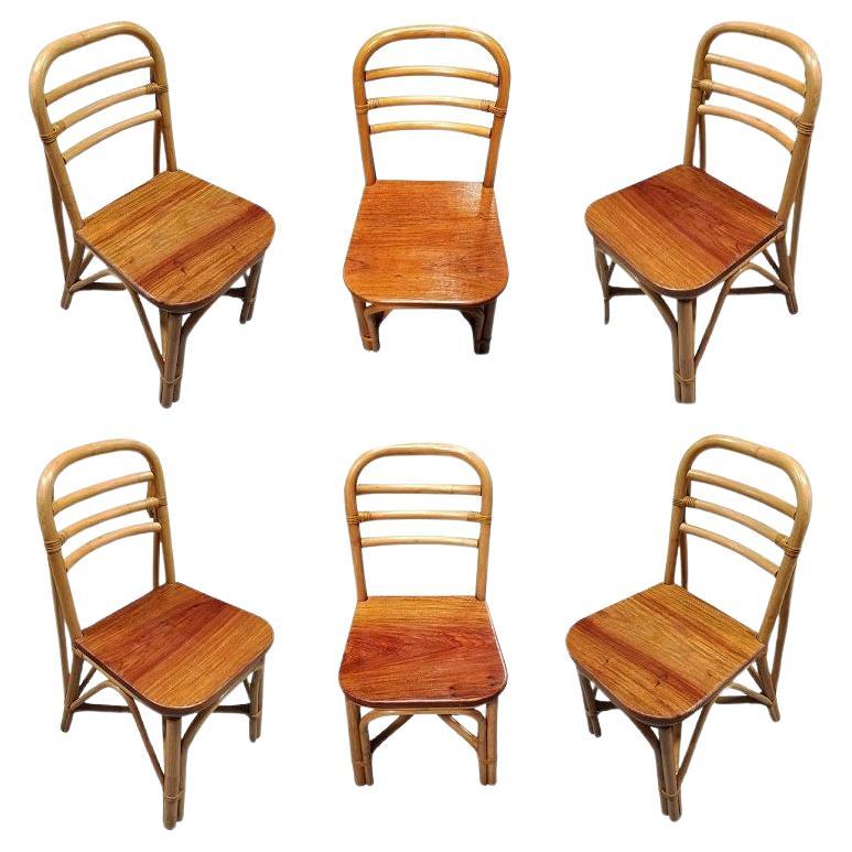 Restored Rattan Skeleton Back Dining Room Chair w/ Mahogany Seat, Set of Six