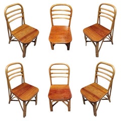 Vintage Restored Rattan Skeleton Back Dining Room Chair w/ Mahogany Seat, Set of Six