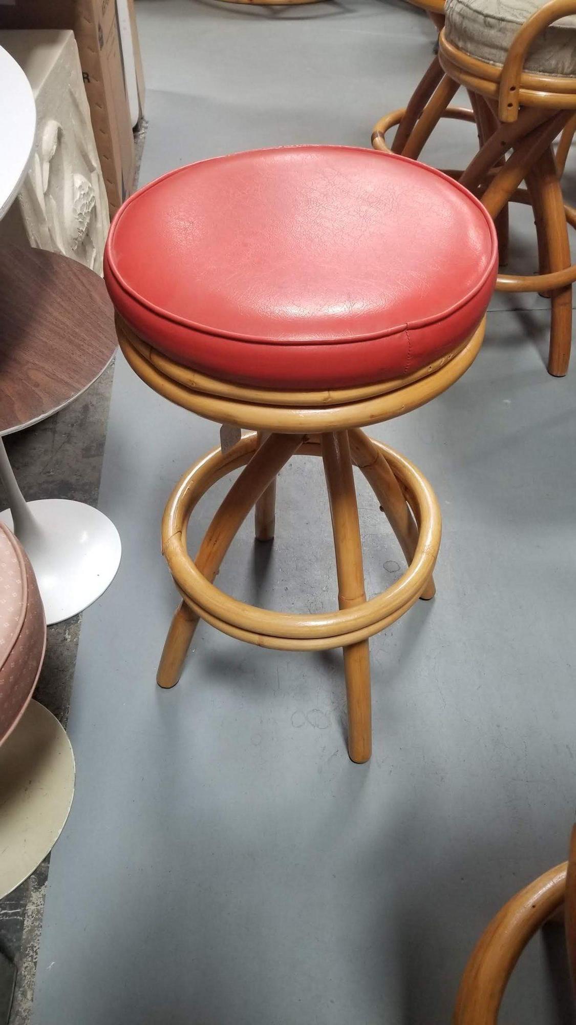 Restored Rattan Spiral Leg Strand Pair of Two Single Stand Red Bar Stools In Excellent Condition For Sale In Van Nuys, CA