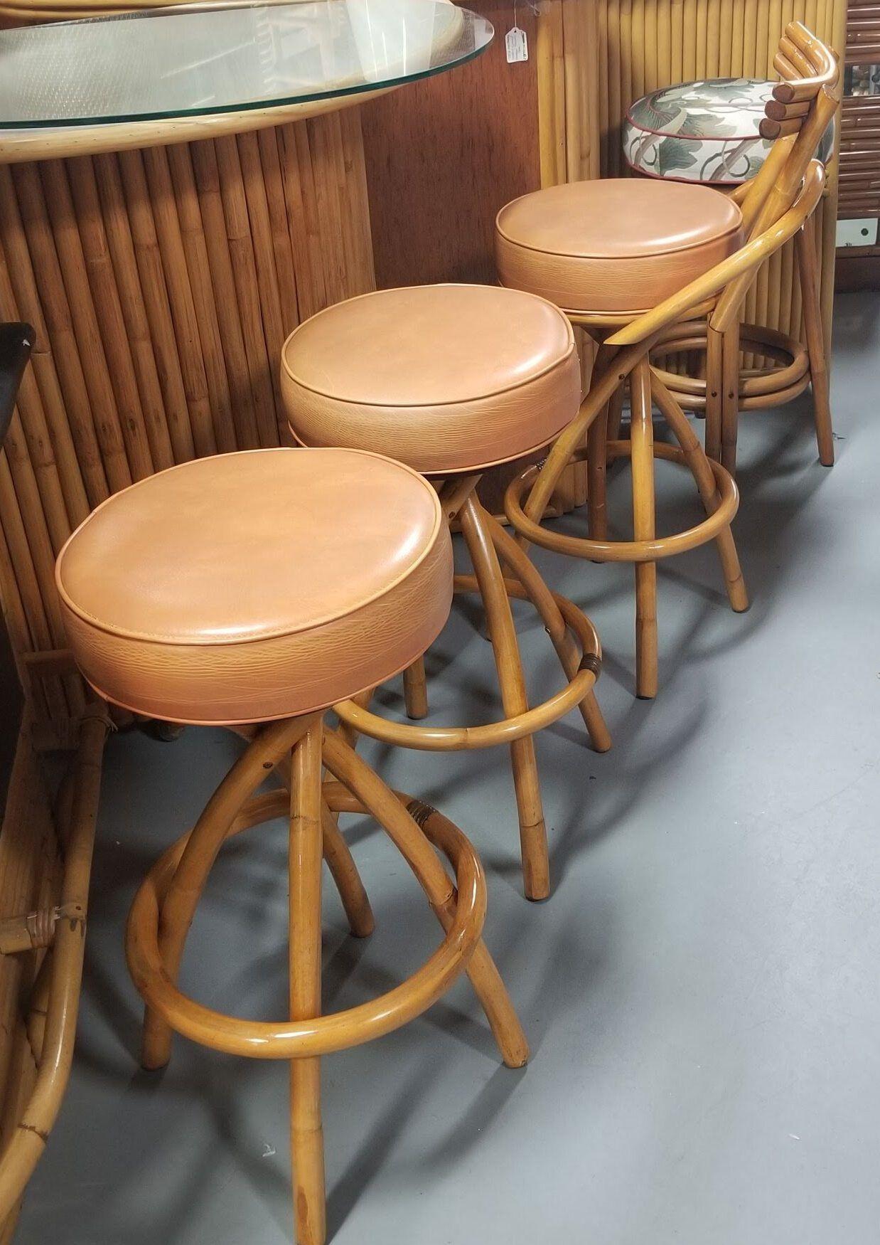 Restored Rattan Spiral Legs Orange Barstool Set of Three with Swivel Seats 6