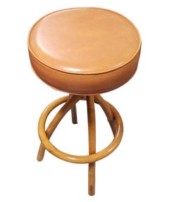 Restored Rattan Spiral Legs Orange Barstool Set of Three with Swivel Seats