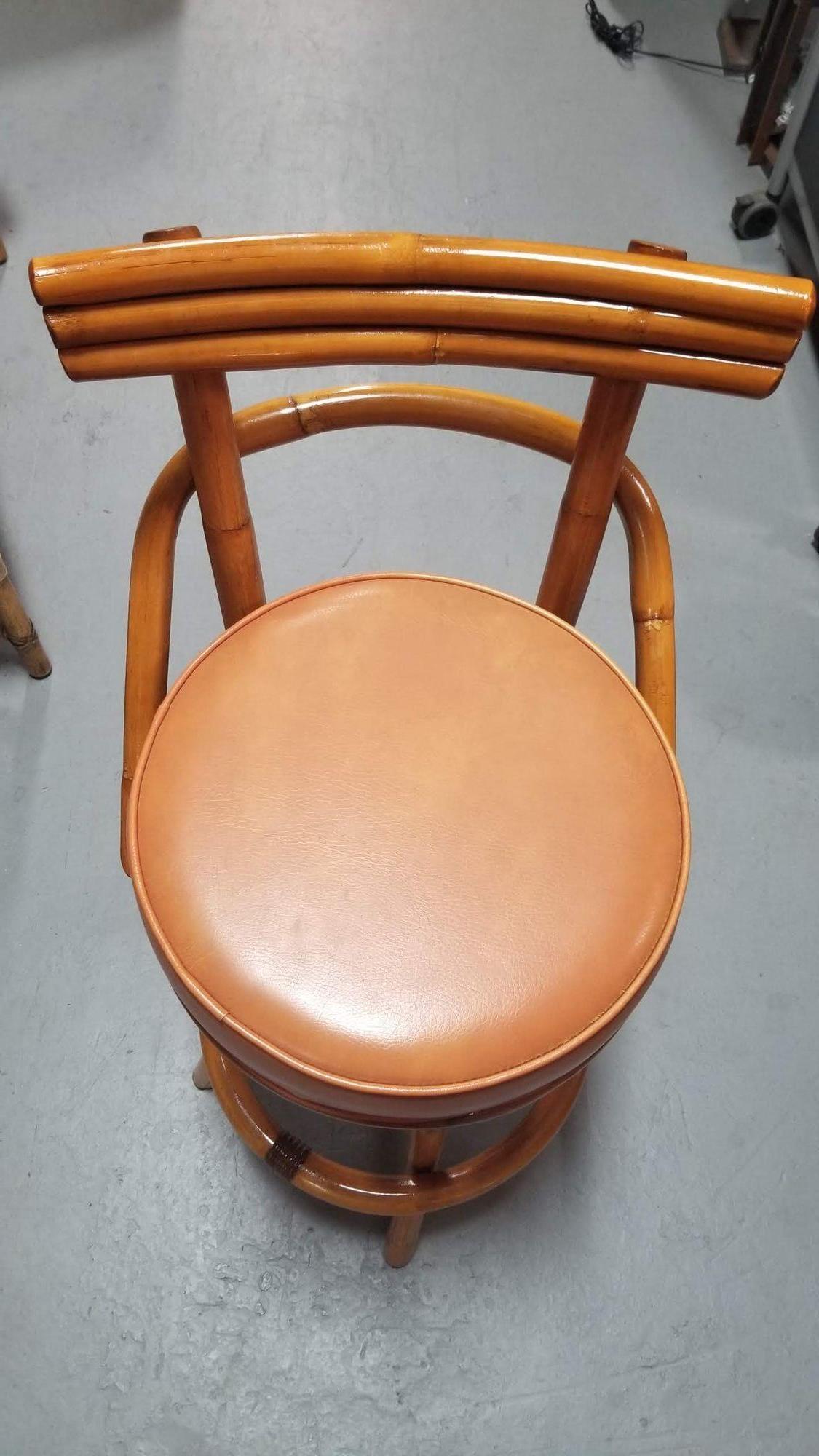 Restored Rattan Spiral Legs Orange Barstool Set of Three with Swivel Seats In Excellent Condition In Van Nuys, CA