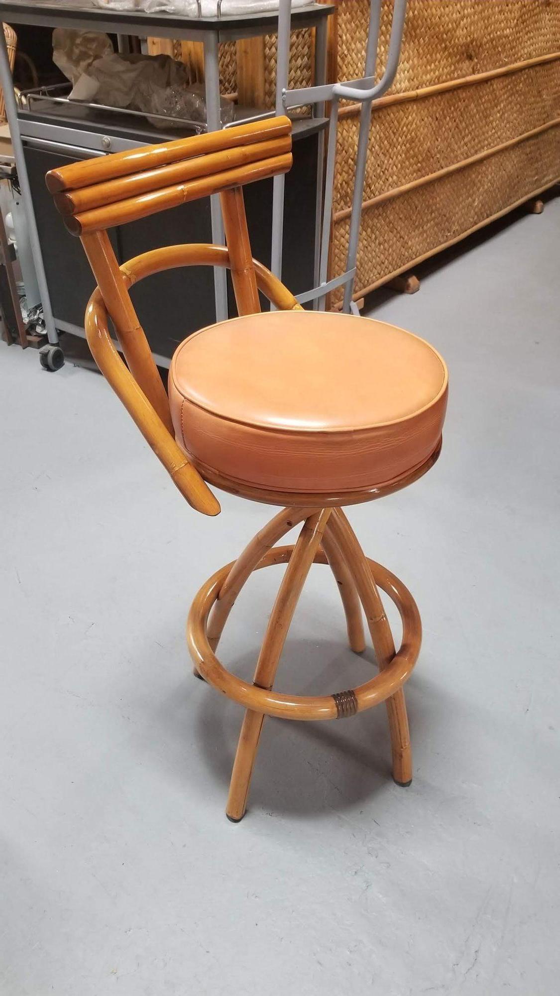 Restored Rattan Spiral Legs Orange Barstool Set of Three with Swivel Seats 1