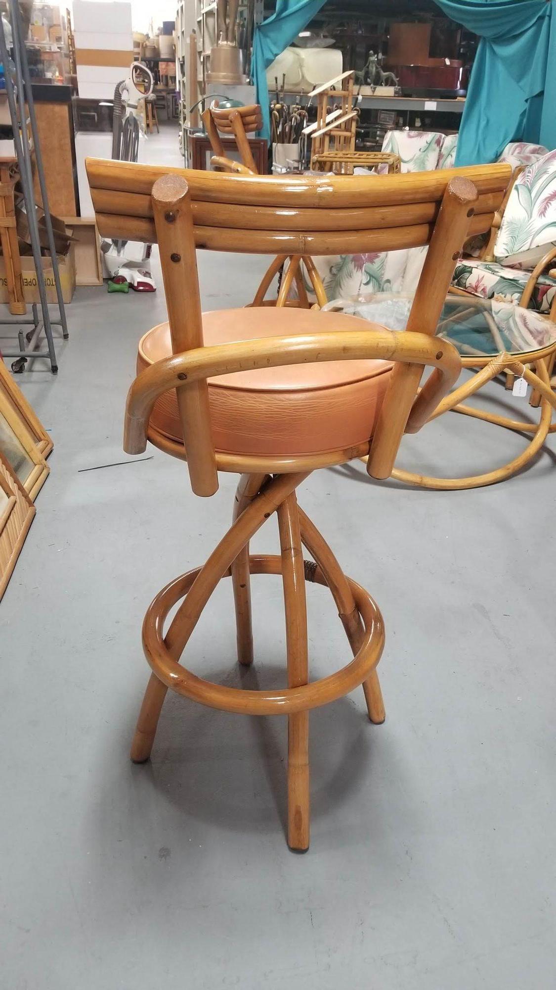 Restored Rattan Spiral Legs Orange Barstool Set of Three with Swivel Seats 2