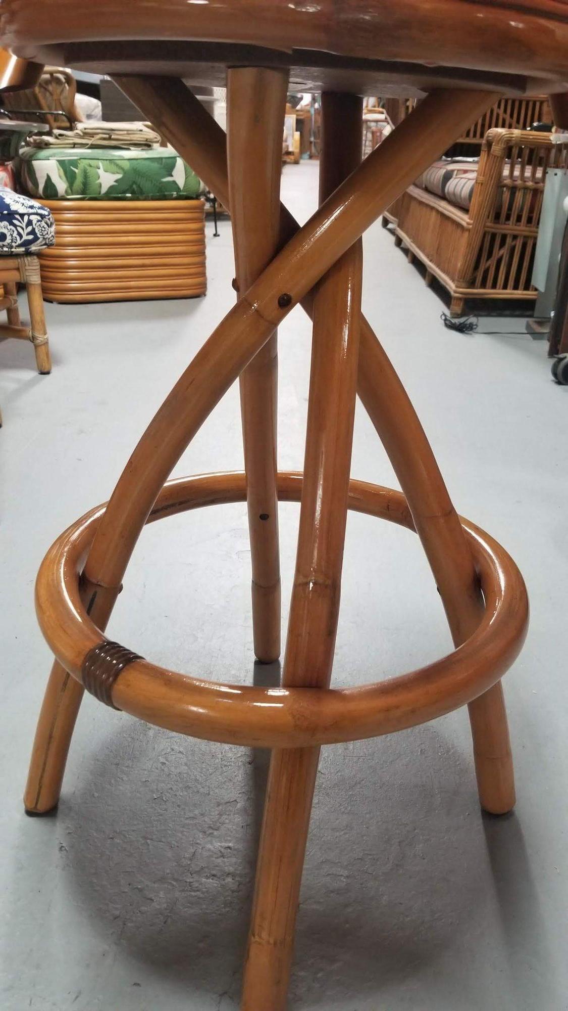 Restored Rattan Spiral Legs Orange Barstool Set of Three with Swivel Seats 3