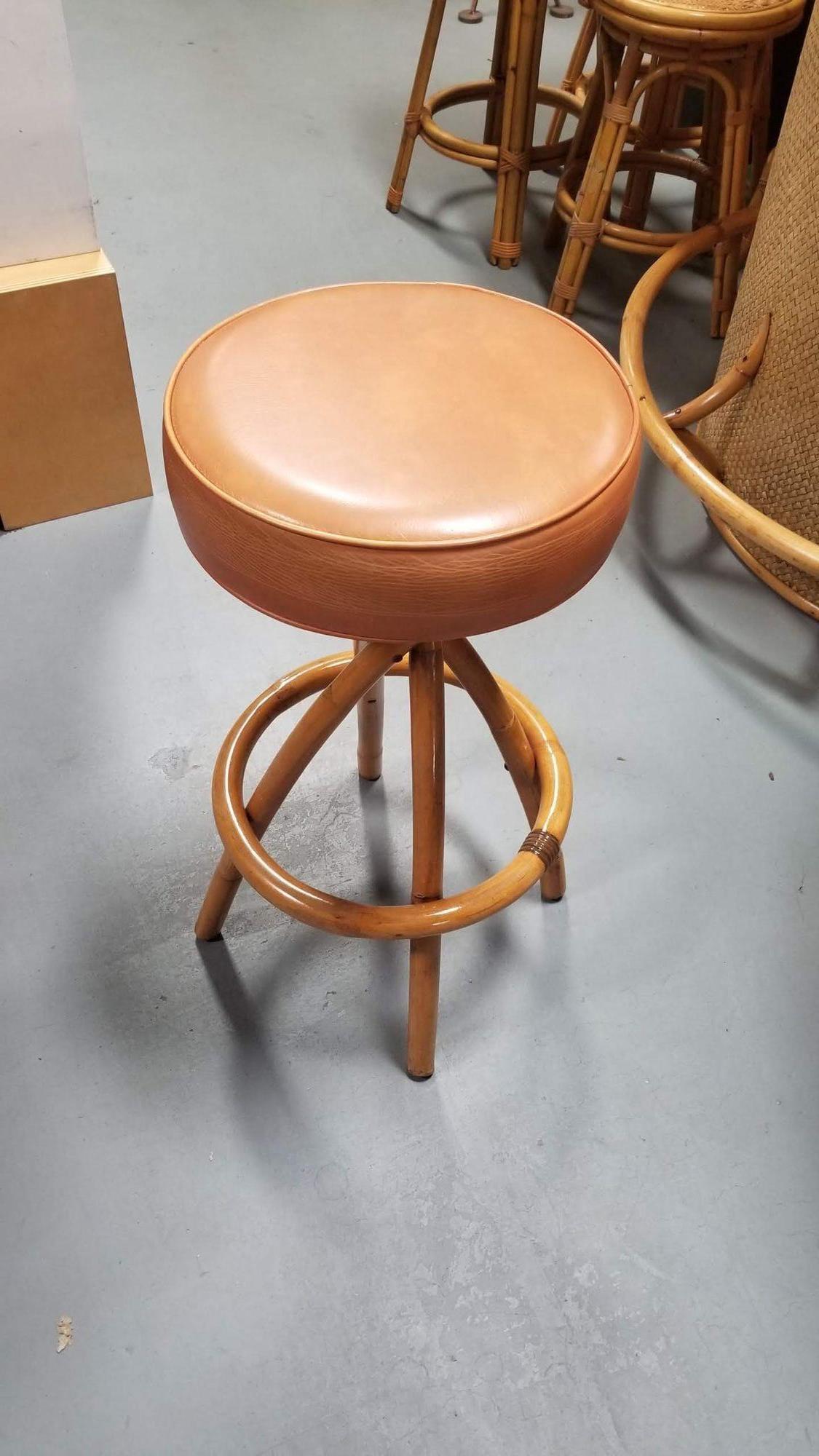 Restored Rattan Spiral Legs Orange Barstool Set of Three with Swivel Seats 4
