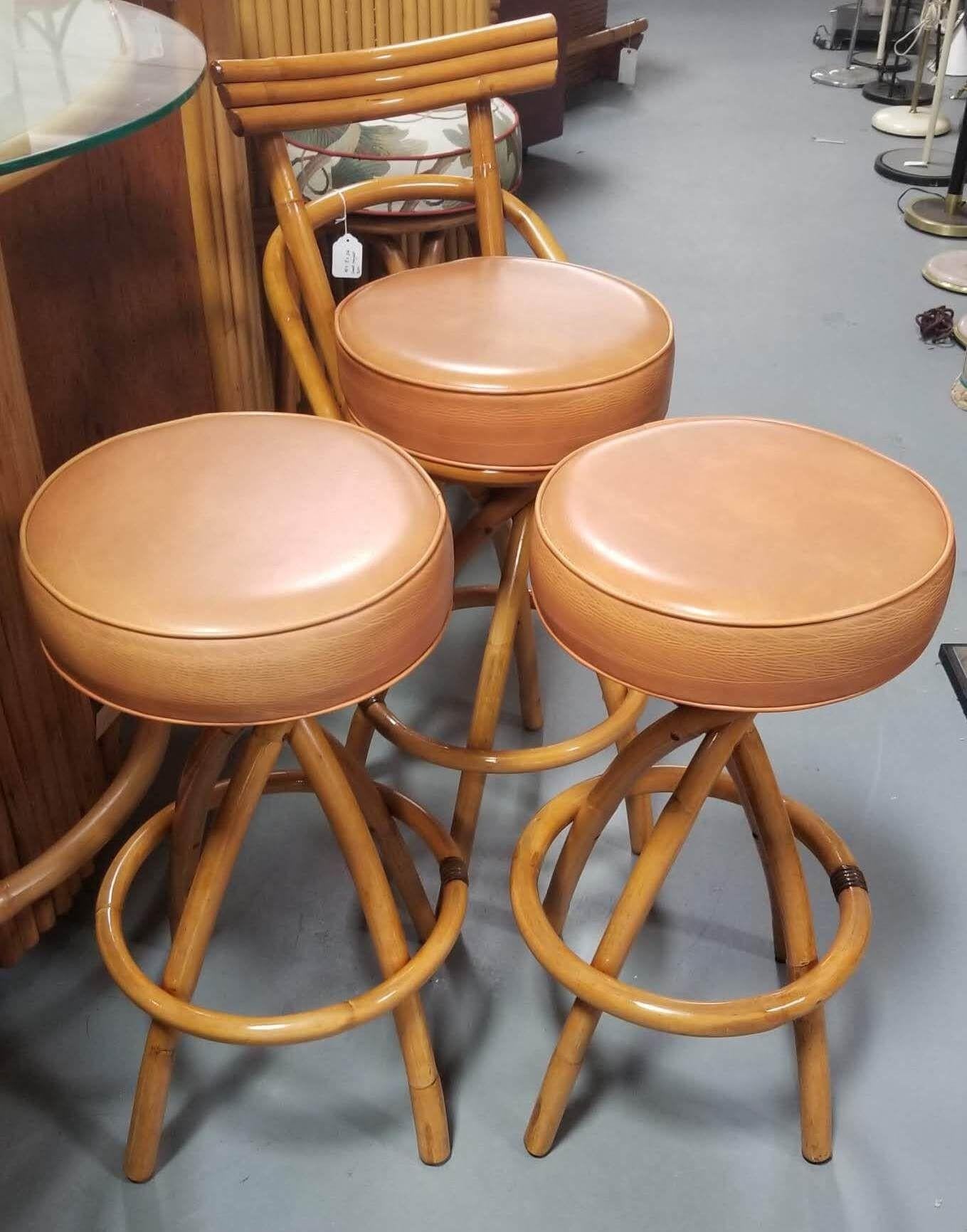 Restored Rattan Spiral Legs Orange Barstool Set of Three with Swivel Seats 5