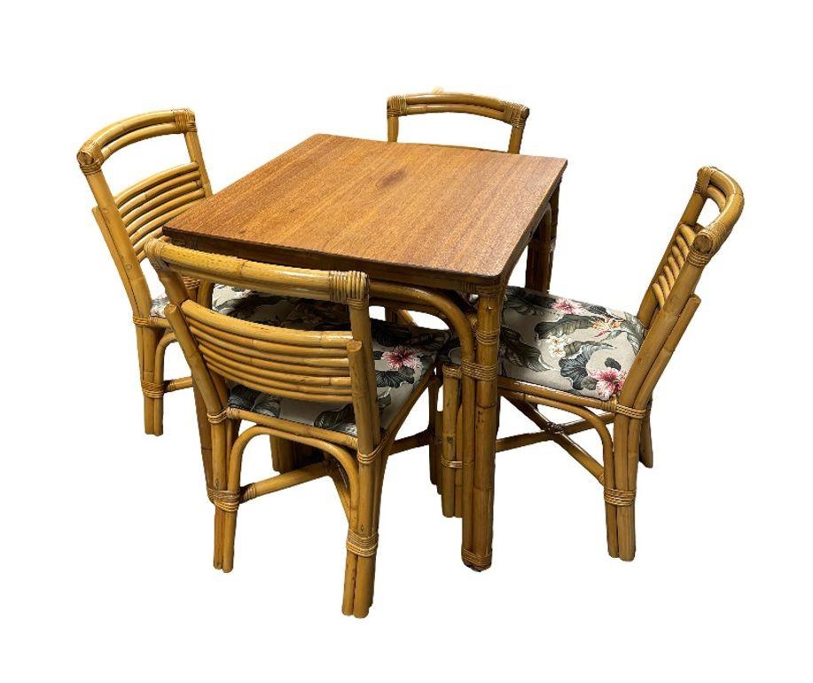 Mid-Century Modern Restored Rattan Square Koa Wood Dining Table with Stacked Rattan Chairs Set For Sale