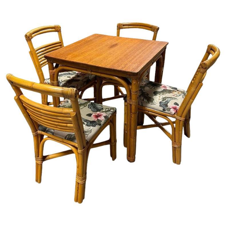 Restored Rattan Sapele Ribbon Mahogany Dining Table w/ Stacked Rattan For Sale