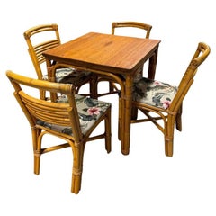 Retro Restored Rattan Square Koa Wood Dining Table with Stacked Rattan Chairs Set